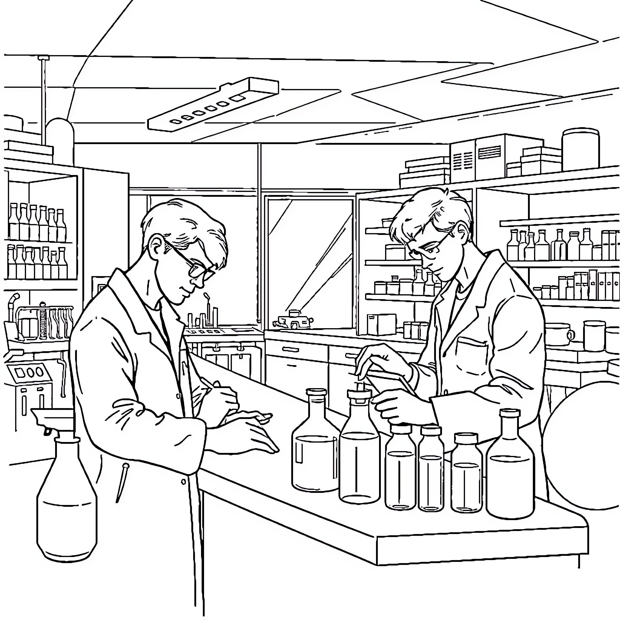 Scientist conducting experiments in a laboratory setting Coloring Page (free black-and-white line drawing printable PDF for all, from beginners to advanced learners, including children, teens, adults, and seniors)