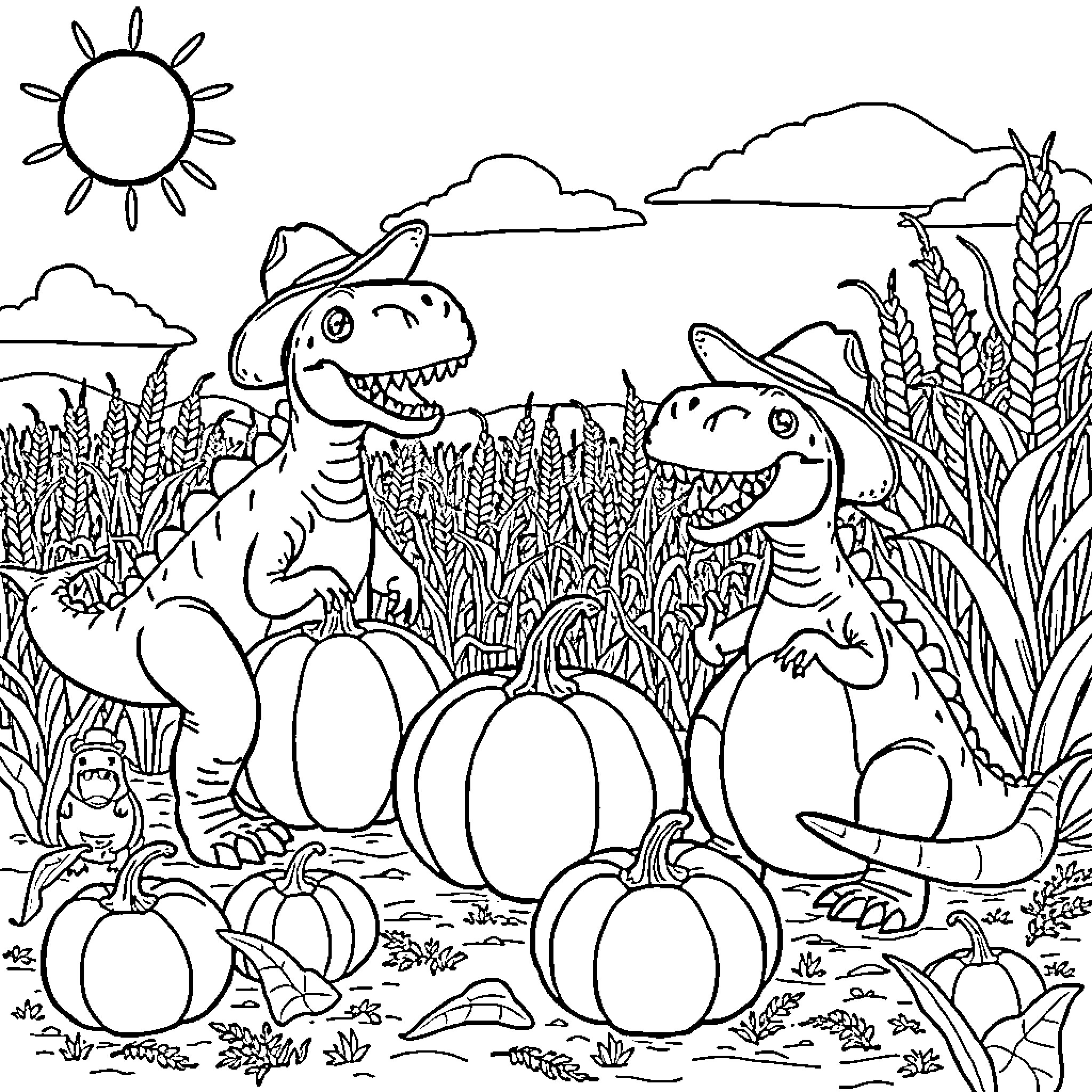Dinosaurs playing in a pumpkin patch Coloring Page (free black-and-white line drawing printable PDF for all, from beginners to advanced learners, including children, teens, adults, and seniors)