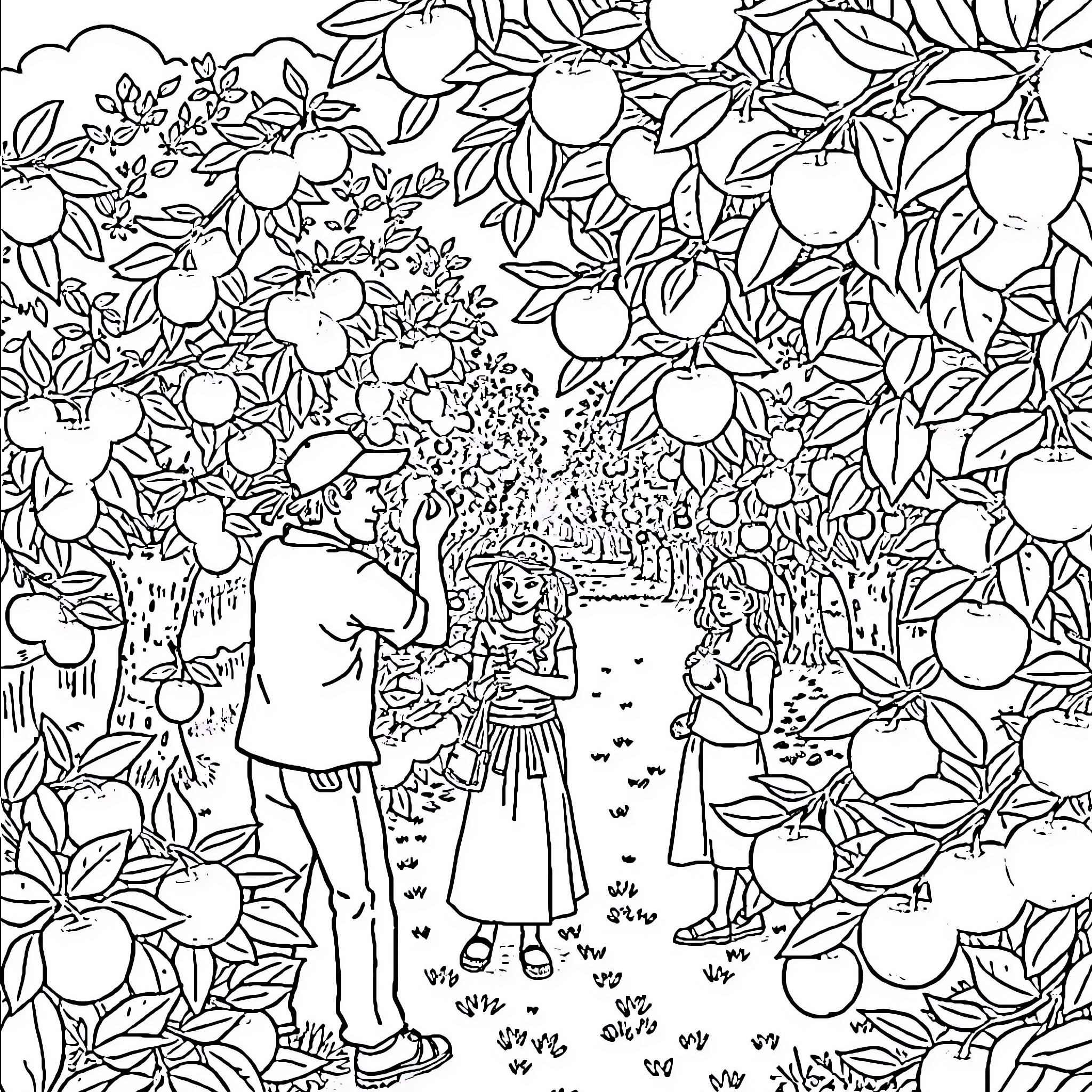 Apple Orchard with Figures Coloring Page (free black-and-white line drawing printable PDF for all, from beginners to advanced learners, including children, teens, adults, and seniors)