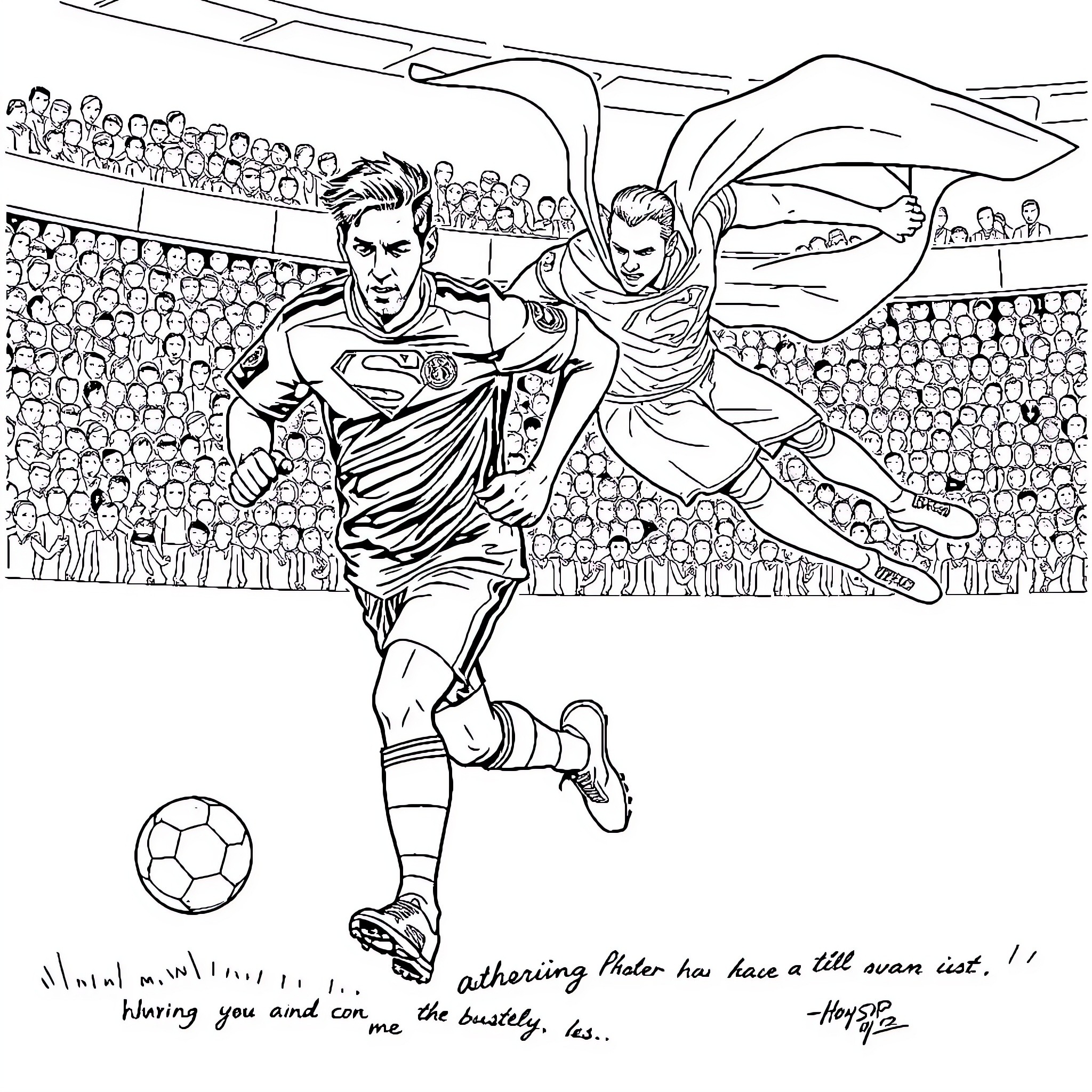 Messi's Heroic Football Moment in the Stadium Coloring Page (free black-and-white line drawing printable PDF for all, from beginners to advanced learners, including children, teens, adults, and seniors)