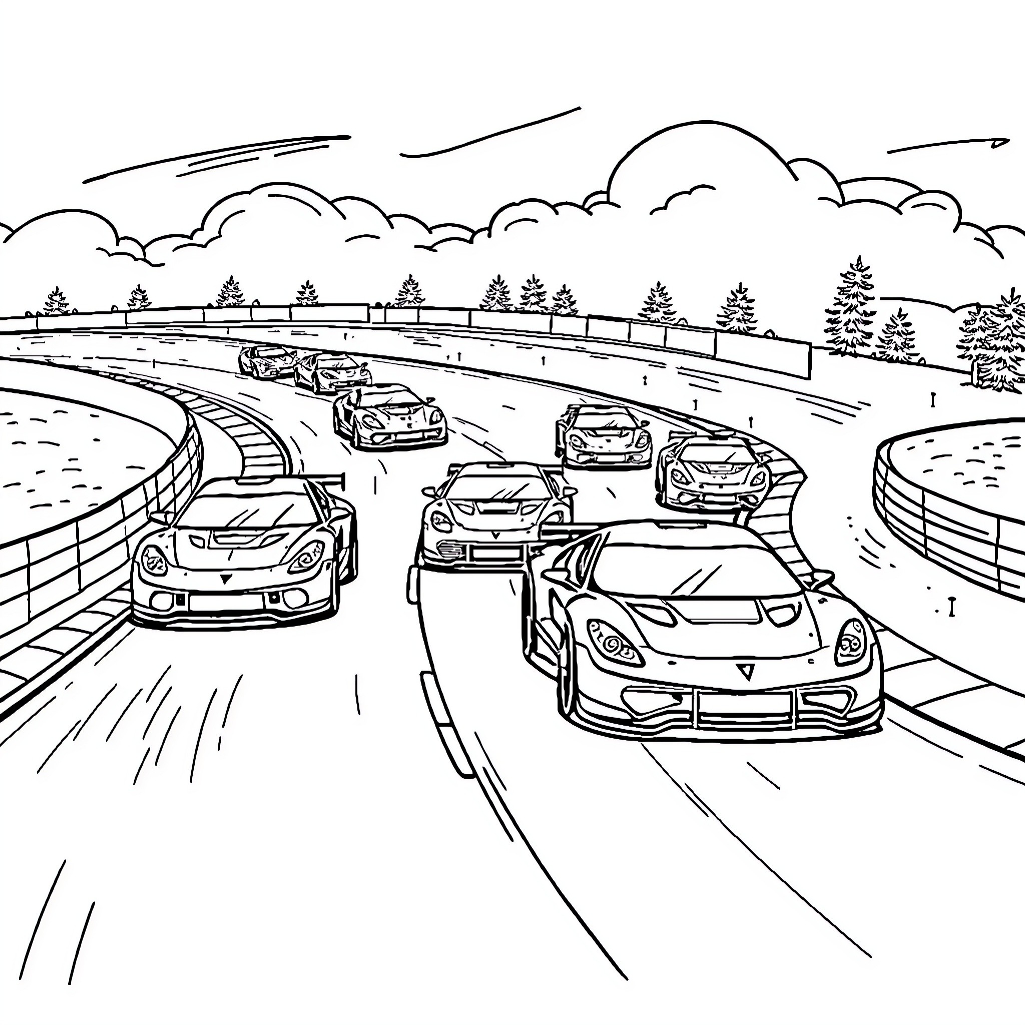 Cars racing on the highway through the countryside Coloring Page (free black-and-white line drawing printable PDF for all, from beginners to advanced learners, including children, teens, adults, and seniors)
