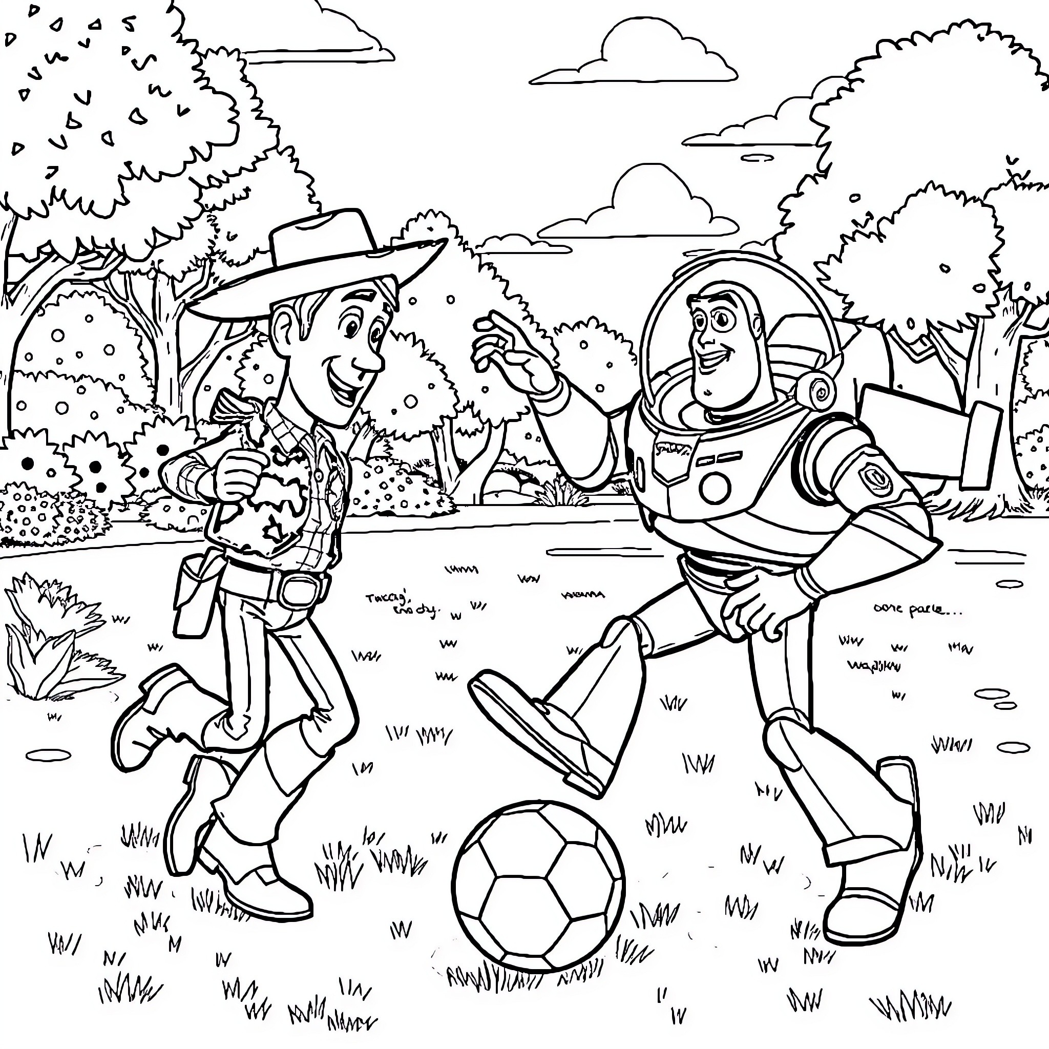 Woody and Buzz playing soccer in the park Coloring Page (free black-and-white line drawing printable PDF for all, from beginners to advanced learners, including children, teens, adults, and seniors)