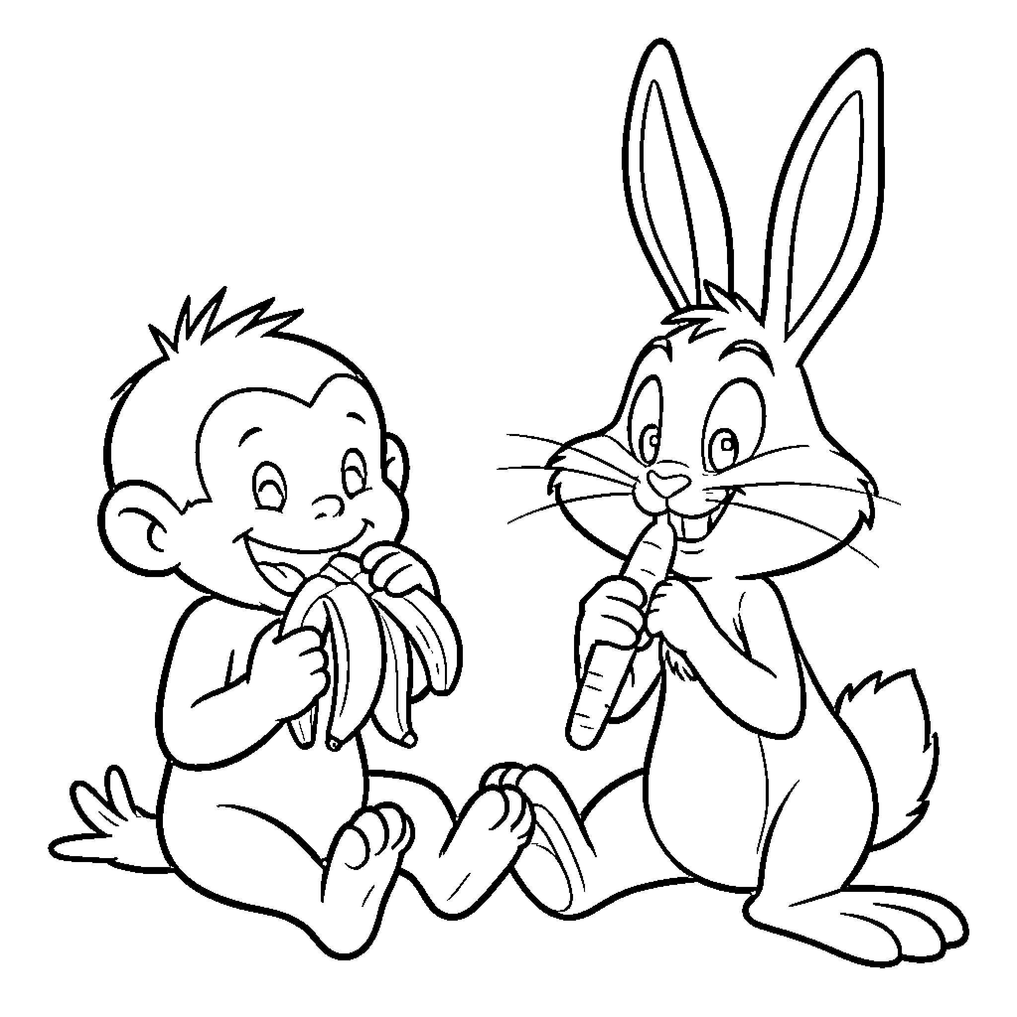 Curious George and Bugs Bunny's Playful Antics Coloring Page (free black-and-white line drawing printable PDF for all, from beginners to advanced learners, including children, teens, adults, and seniors)