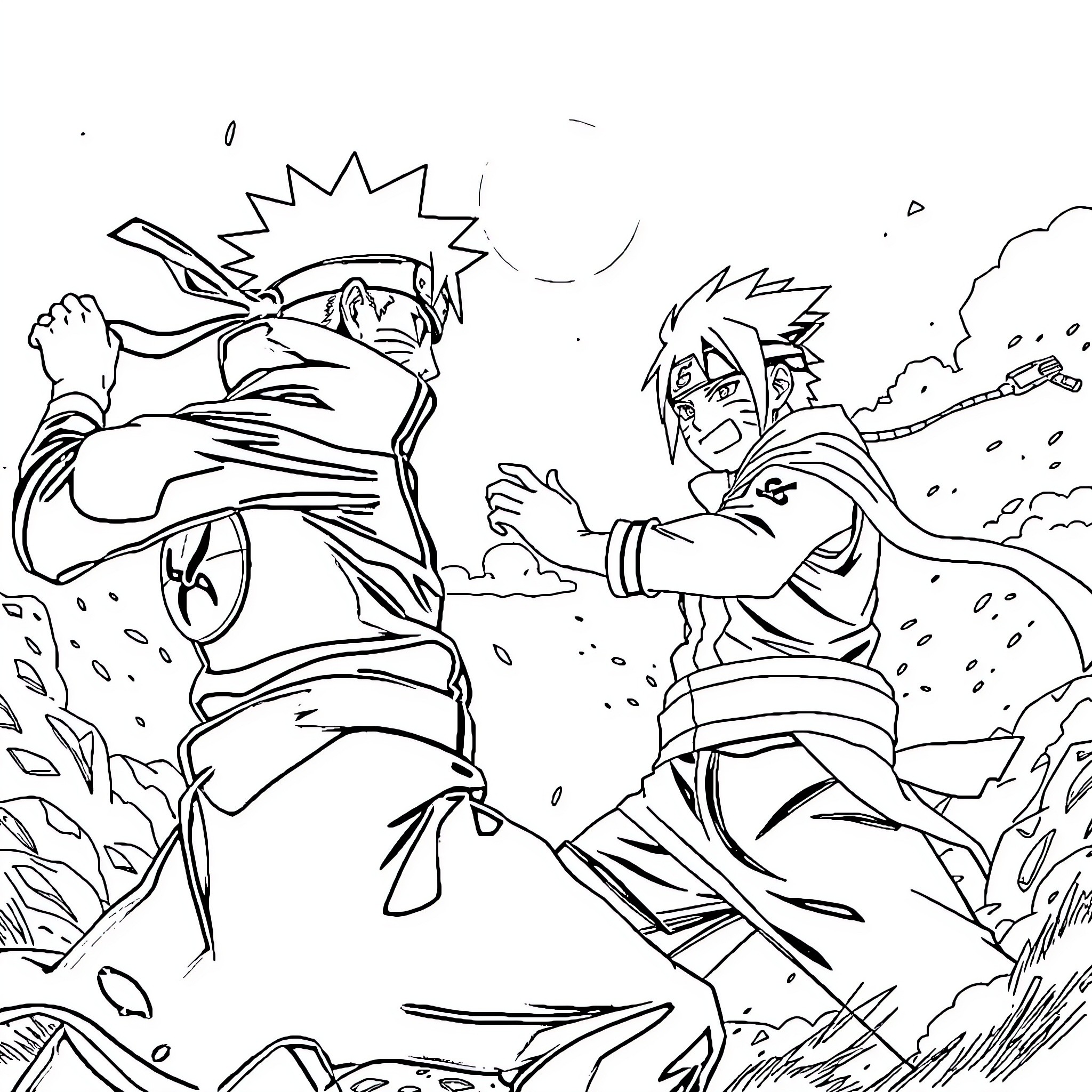 Naruto battling fiercely against his opponent in an intense fight Coloring Page (free black-and-white line drawing printable PDF for all, from beginners to advanced learners, including children, teens, adults, and seniors)