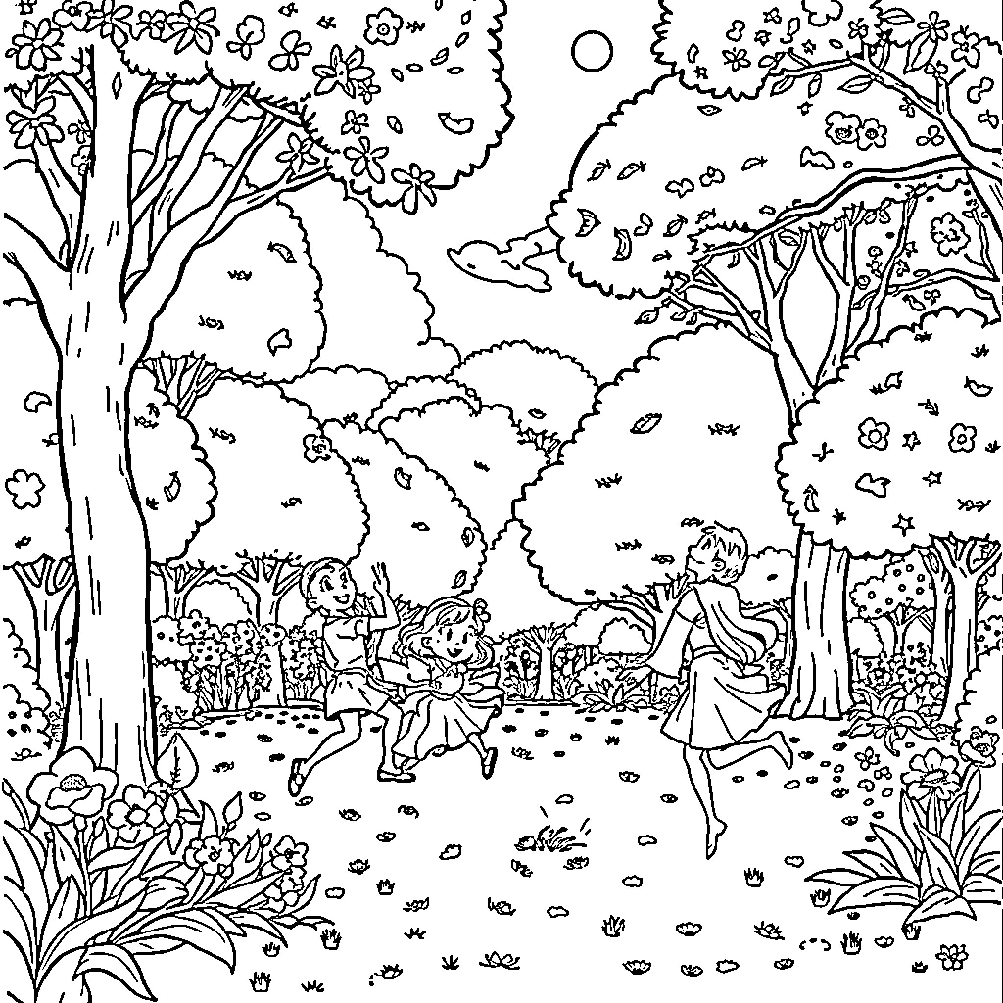 Miraculous Woodland Wonderland Coloring Page (free black-and-white line drawing printable PDF for all, from beginners to advanced learners, including children, teens, adults, and seniors)