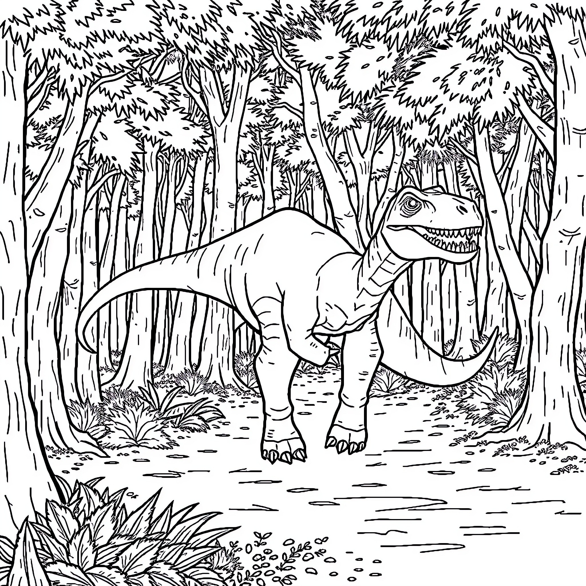 Dinosaur exploring the dense forest Coloring Page (free black-and-white line drawing printable PDF for all, from beginners to advanced learners, including children, teens, adults, and seniors)