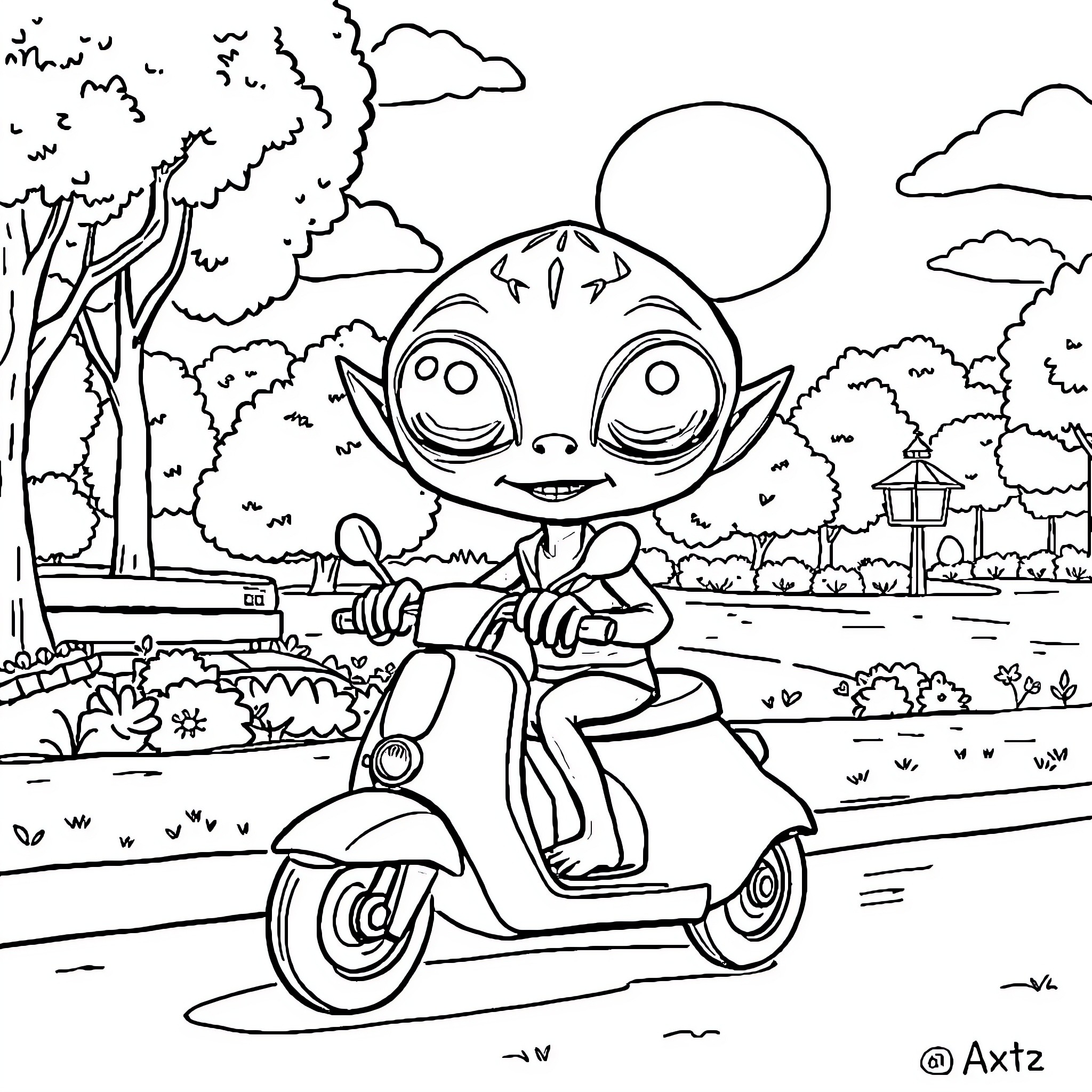 Alien riding a scooter in a scenic outdoor landscape Coloring Page (free black-and-white line drawing printable PDF for all, from beginners to advanced learners, including children, teens, adults, and seniors)