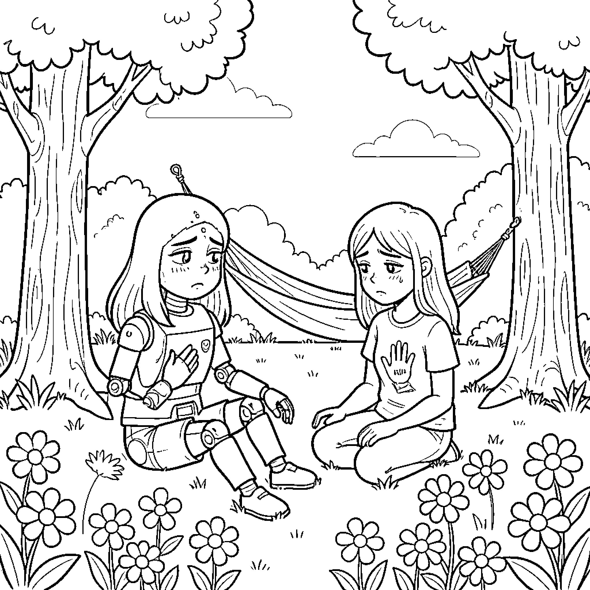 Girls exploring nature in the forest Coloring Page (free black-and-white line drawing printable PDF for all, from beginners to advanced learners, including children, teens, adults, and seniors)