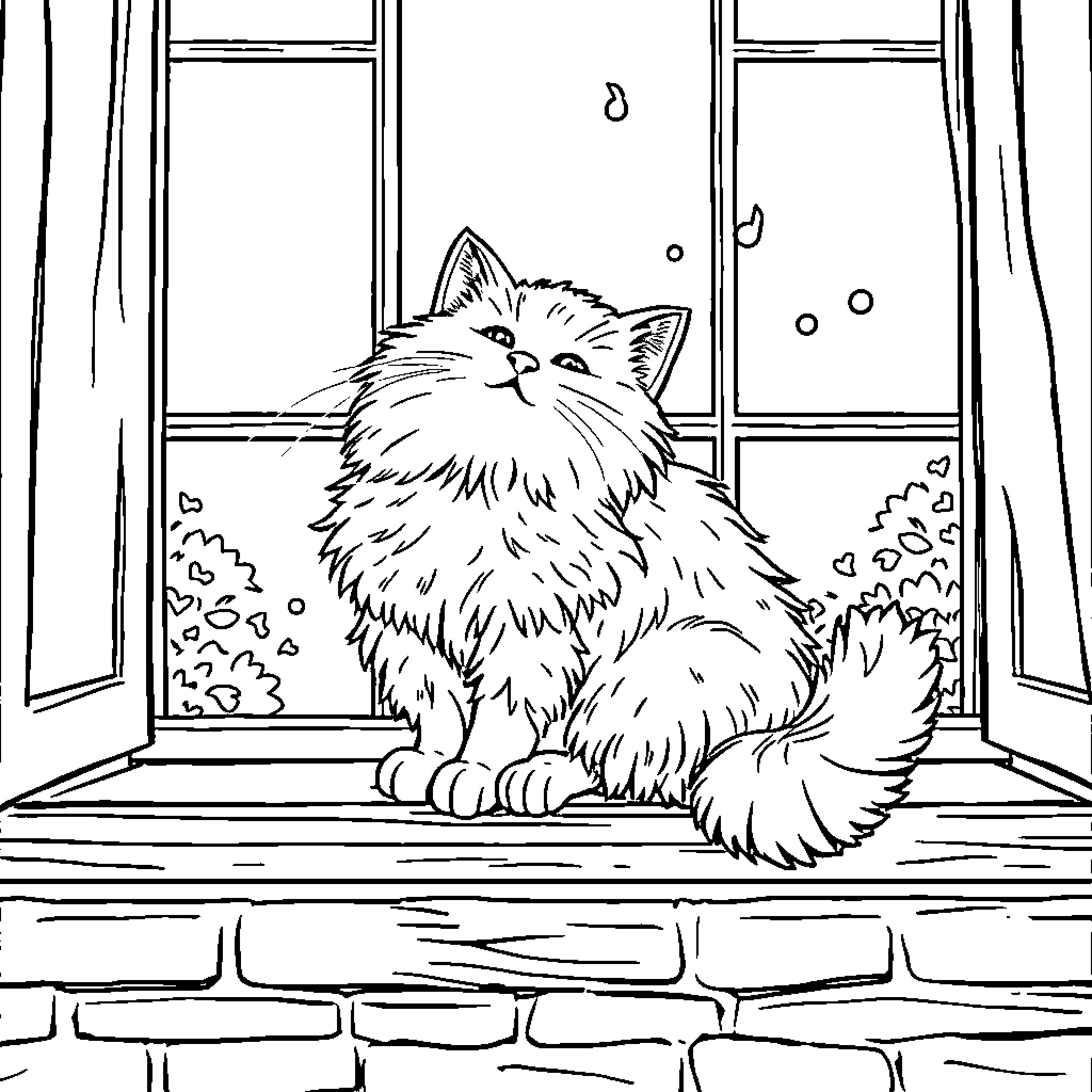 Cat enjoying the view through the window Coloring Page (free black-and-white line drawing printable PDF for all, from beginners to advanced learners, including children, teens, adults, and seniors)