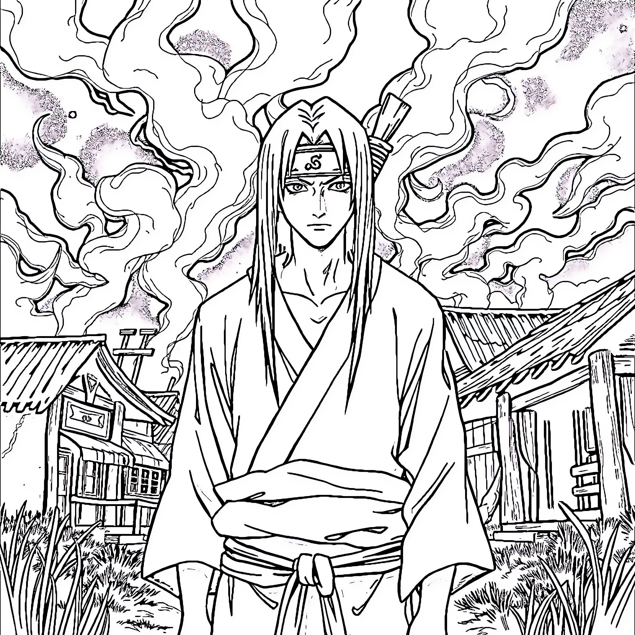 Itachi's Powerful Presence in a Mystical Landscape Coloring Page (free black-and-white line drawing printable PDF for all, from beginners to advanced learners, including children, teens, adults, and seniors)