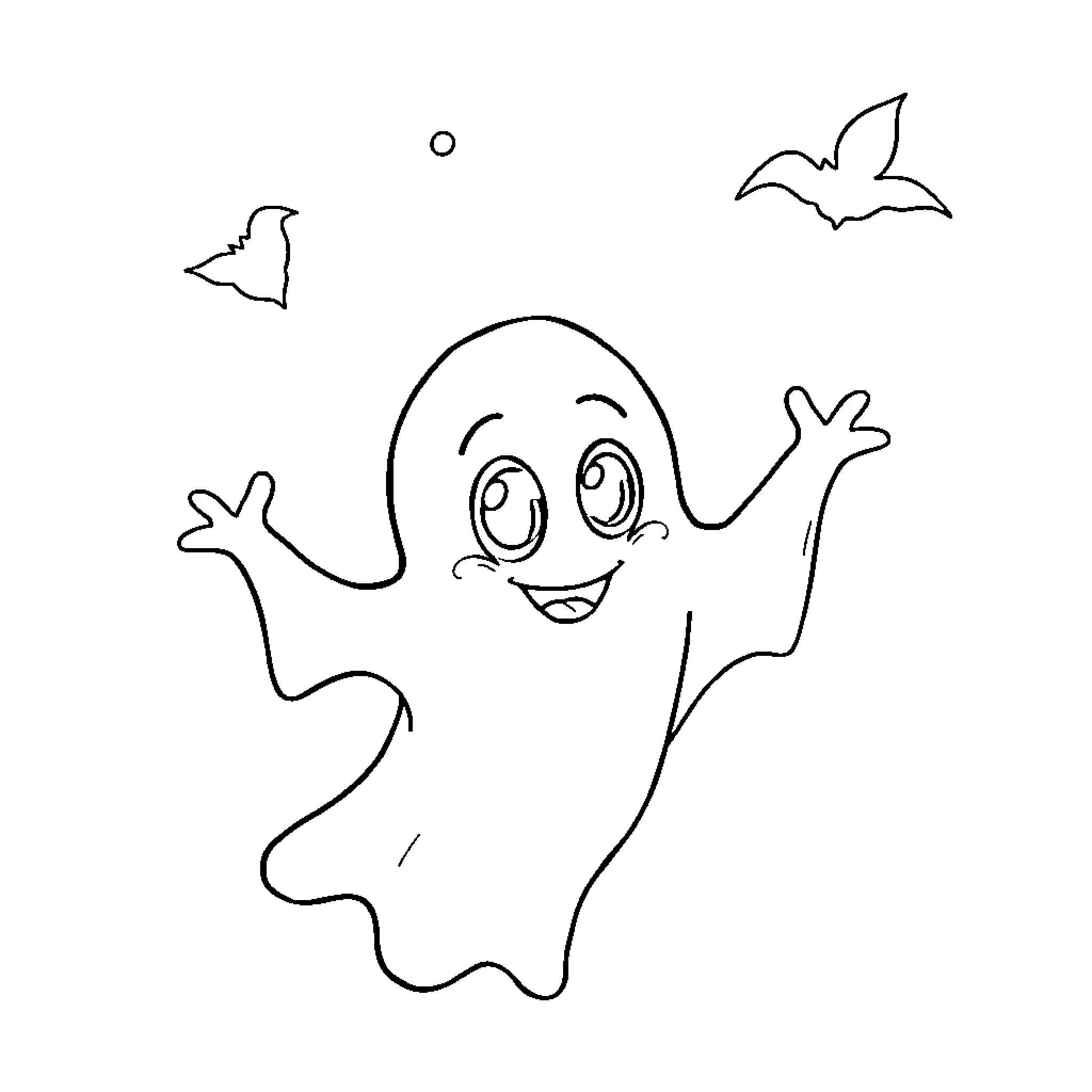Ghost having fun with bats in the night Coloring Page (free black-and-white line drawing printable PDF for all, from beginners to advanced learners, including children, teens, adults, and seniors)