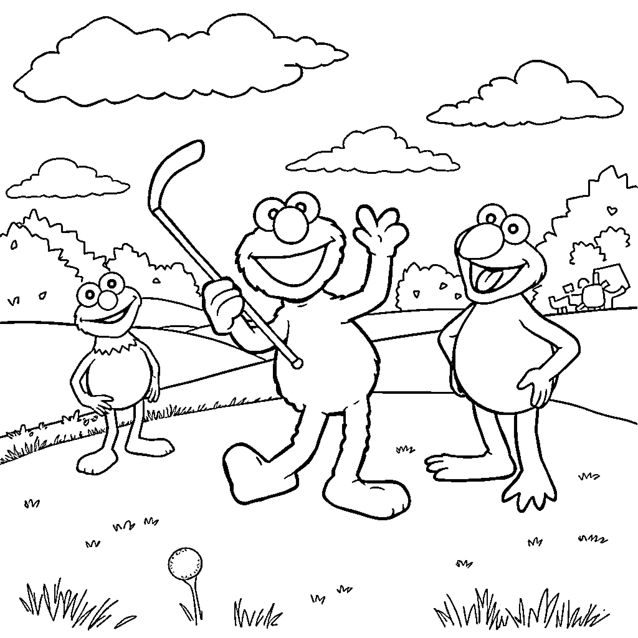 Elmo and friends explore the outdoors Coloring Page (free black-and-white line drawing printable PDF for all, from beginners to advanced learners, including children, teens, adults, and seniors)