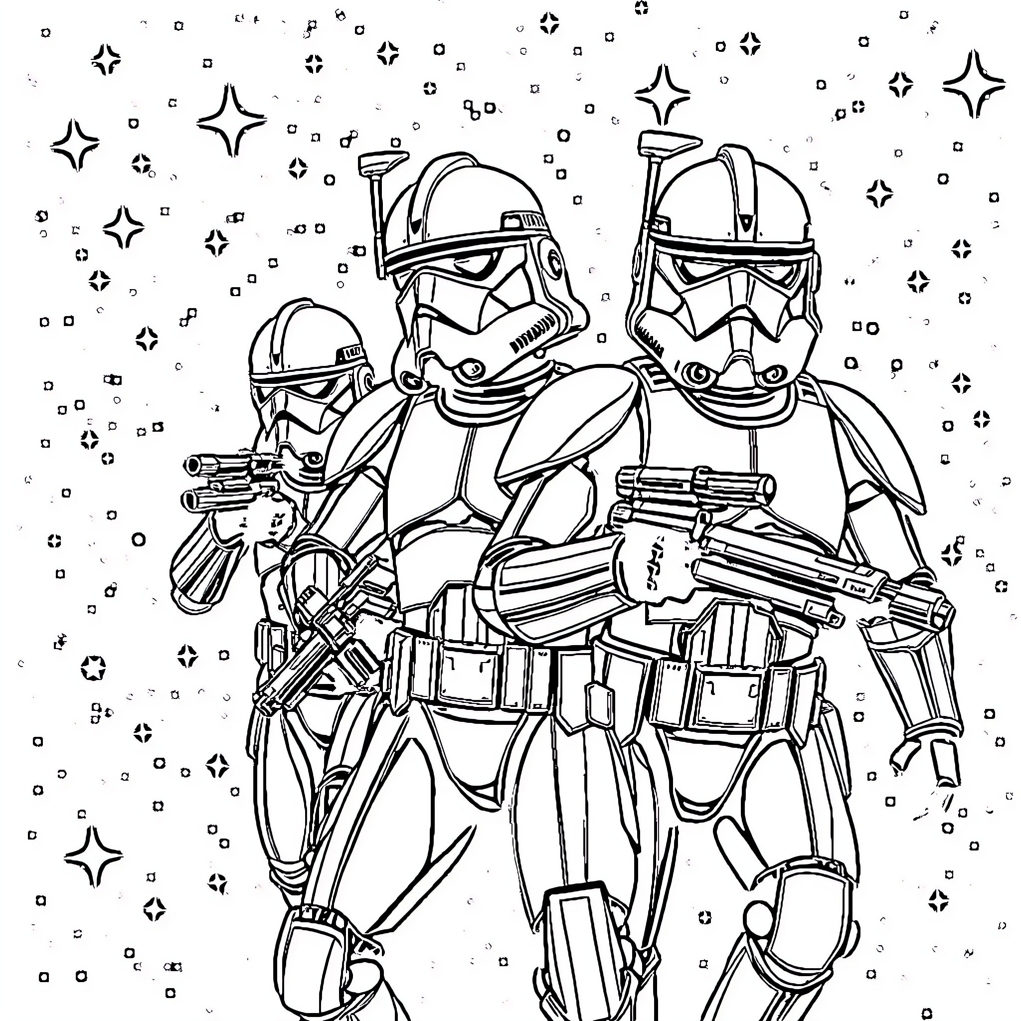 Clone Troopers in Action Amid Cosmic Backdrop Coloring Page (free black-and-white line drawing printable PDF for all, from beginners to advanced learners, including children, teens, adults, and seniors)