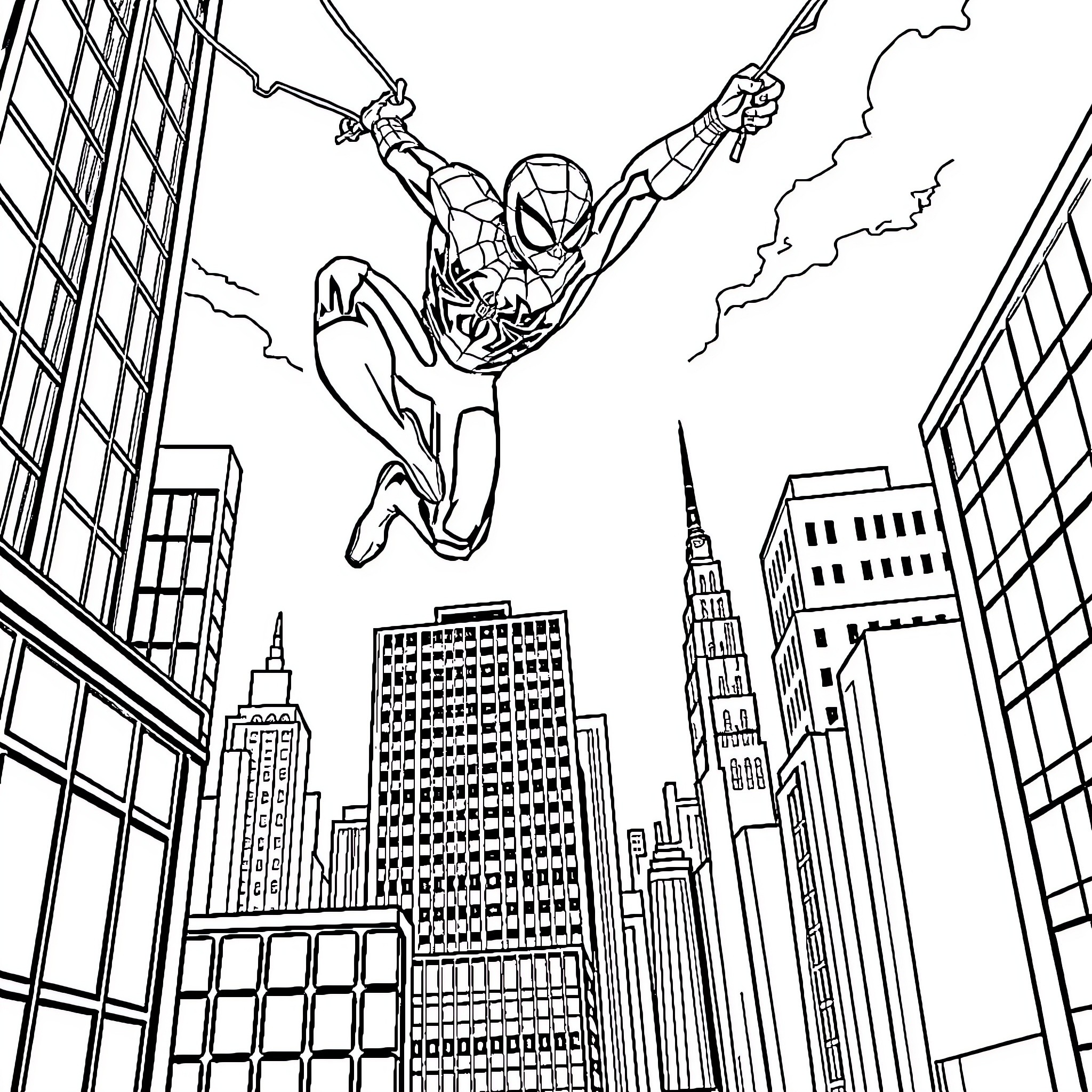 Spiderman swinging through the city skyline Coloring Page (free black-and-white line drawing printable PDF for all, from beginners to advanced learners, including children, teens, adults, and seniors)