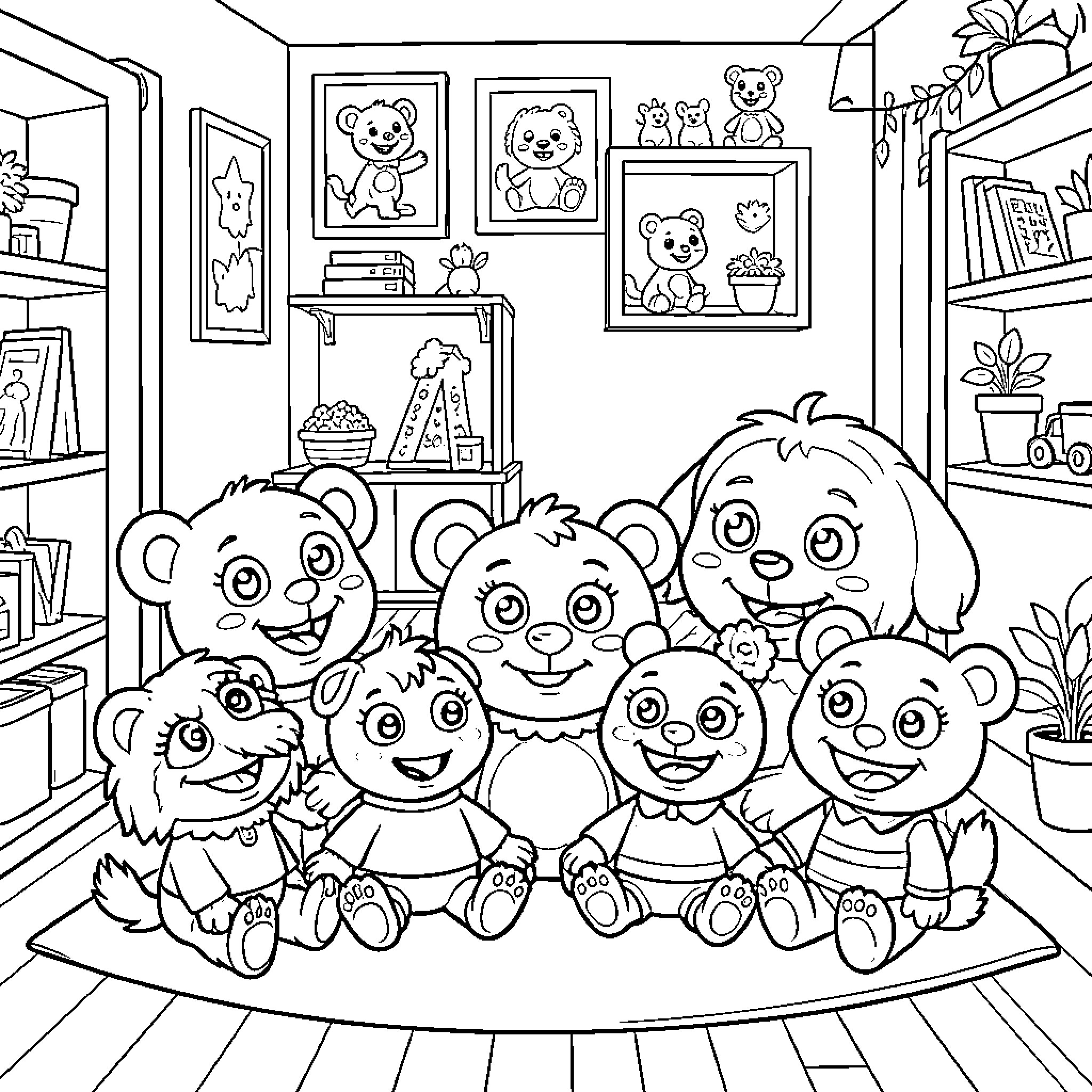 Puppet bears gather in a cozy room Coloring Page (free black-and-white line drawing printable PDF for all, from beginners to advanced learners, including children, teens, adults, and seniors)