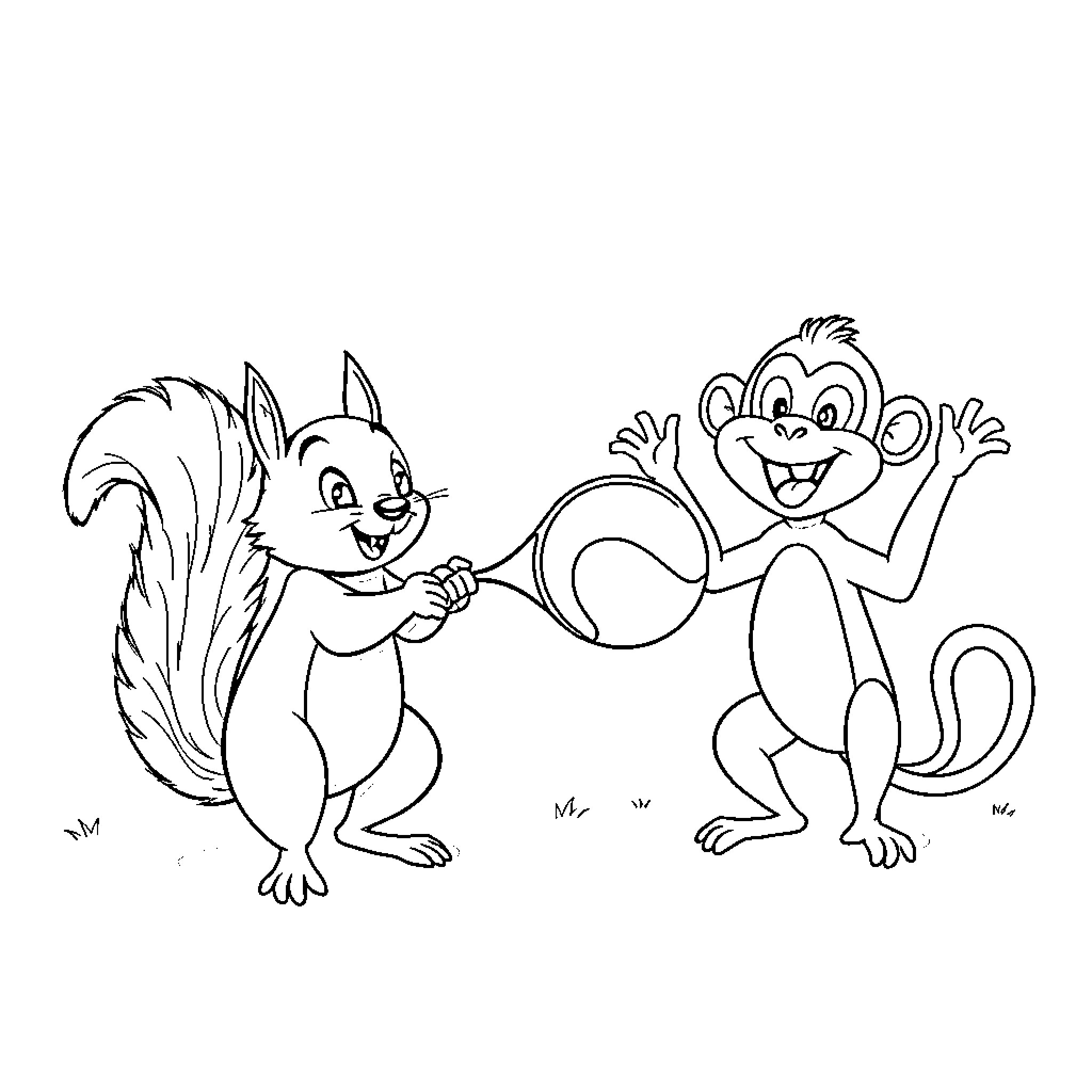 Squirrel and monkey playing together Coloring Page (free black-and-white line drawing printable PDF for all, from beginners to advanced learners, including children, teens, adults, and seniors)