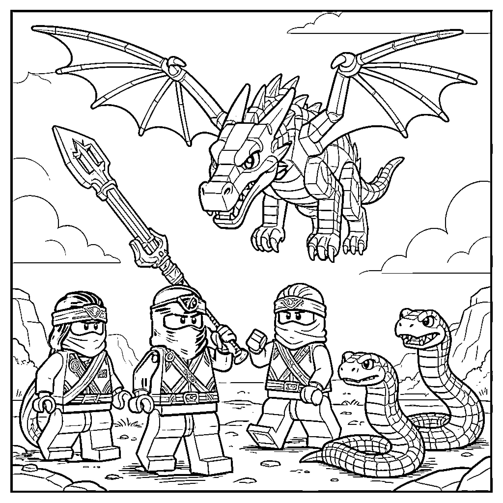 Ninjago characters facing a large dragon and snakes Coloring Page (free black-and-white line drawing printable PDF for all, from beginners to advanced learners, including children, teens, adults, and seniors)