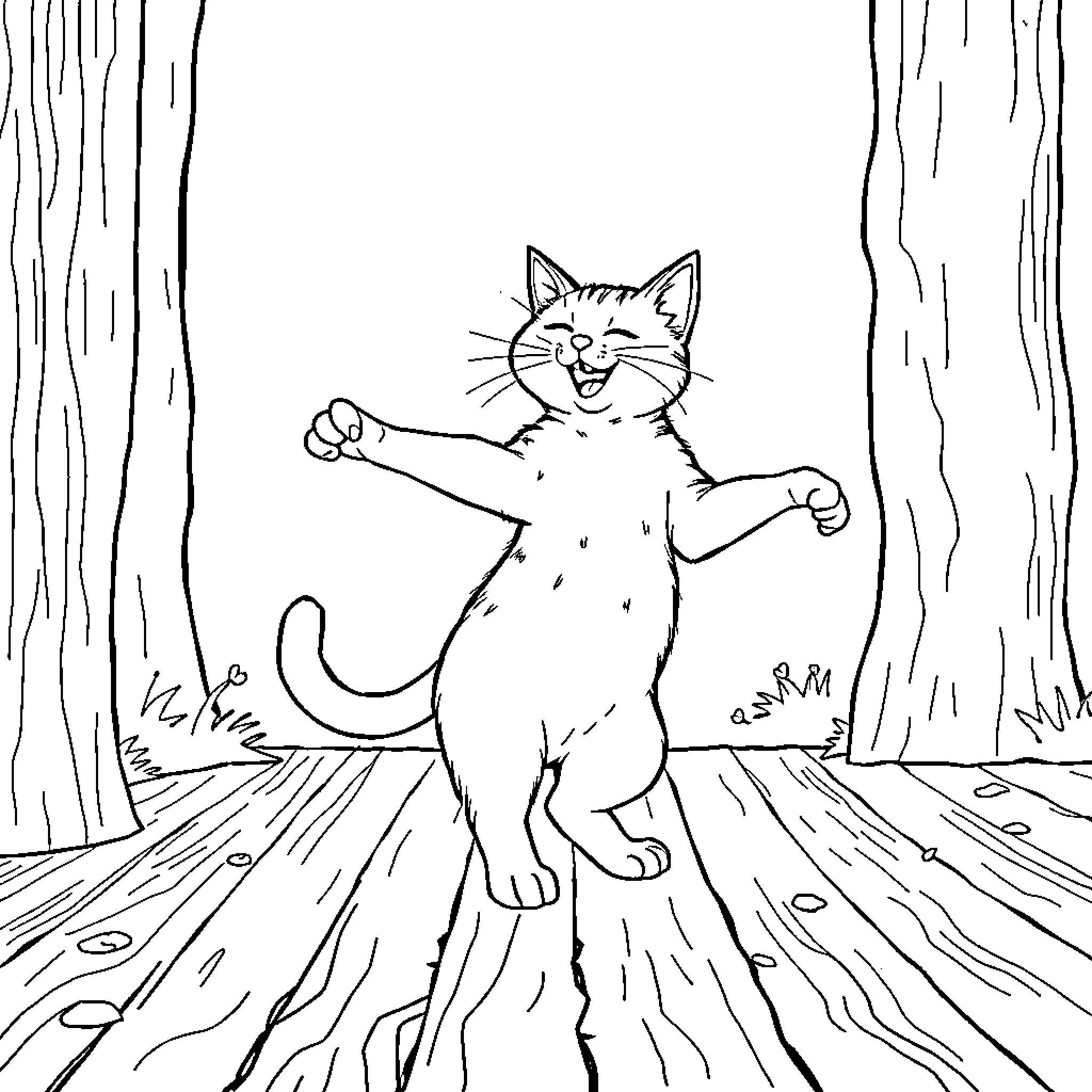 Cat stretching happily in the forest Coloring Page (free black-and-white line drawing printable PDF for all, from beginners to advanced learners, including children, teens, adults, and seniors)