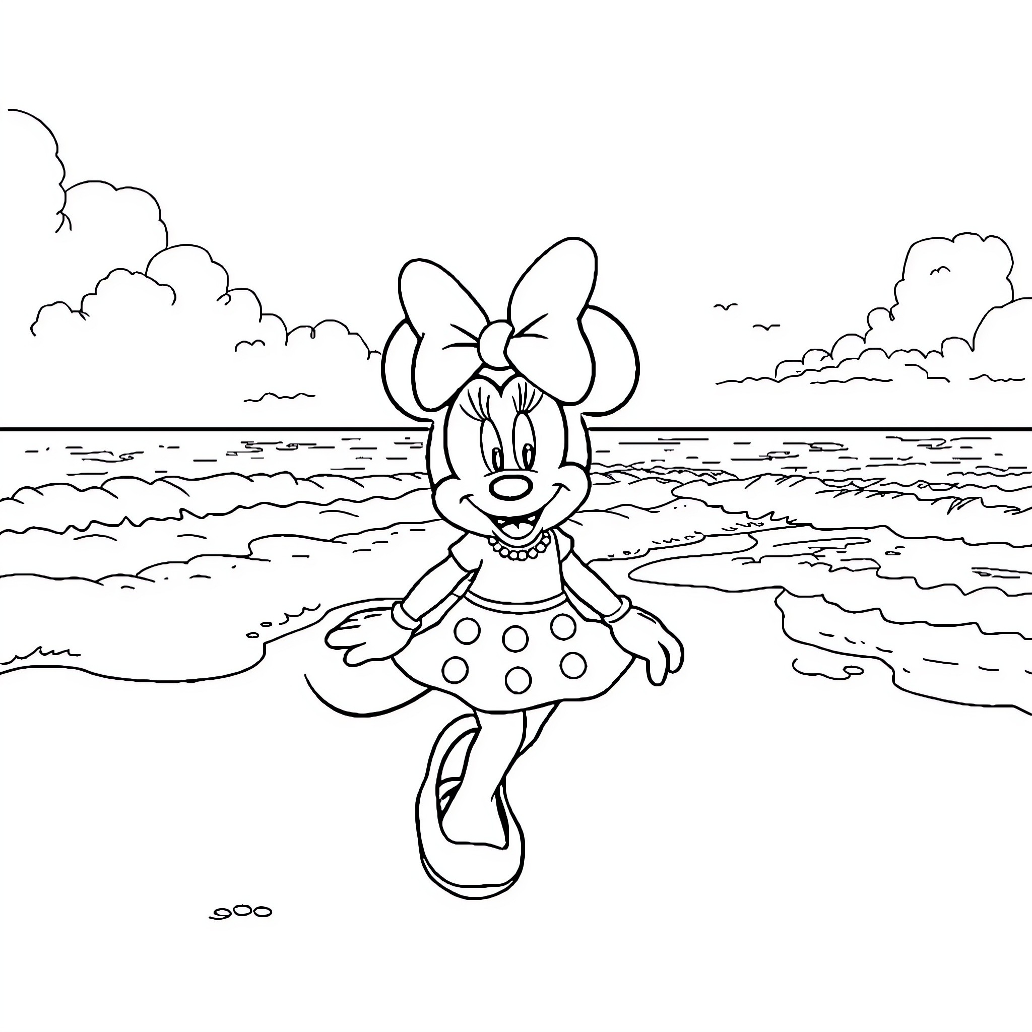 Minnie enjoying a day at the beach Coloring Page (free black-and-white line drawing printable PDF for all, from beginners to advanced learners, including children, teens, adults, and seniors)