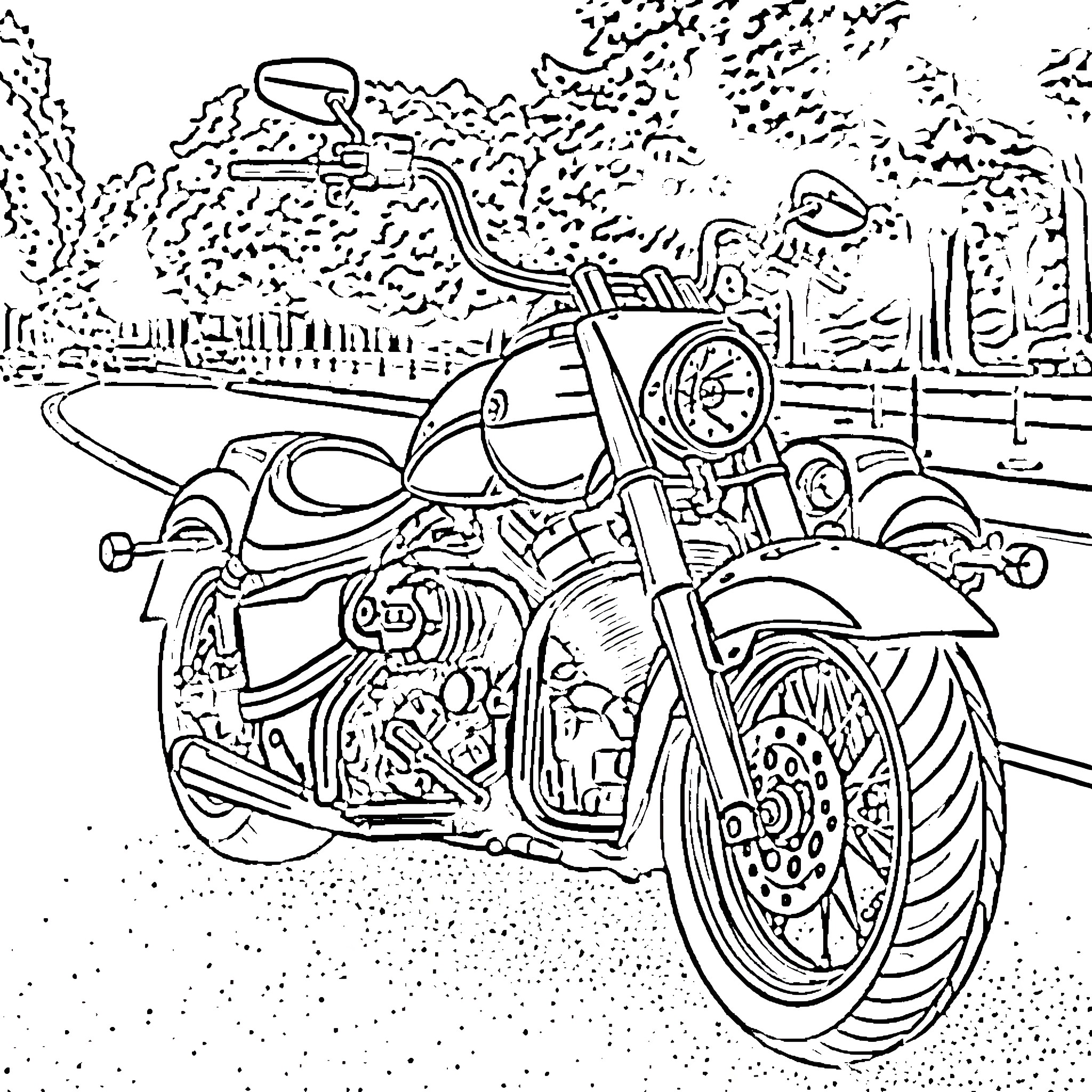 Harley Davidson motorcycle on the open road Coloring Page (free black-and-white line drawing printable PDF for all, from beginners to advanced learners, including children, teens, adults, and seniors)