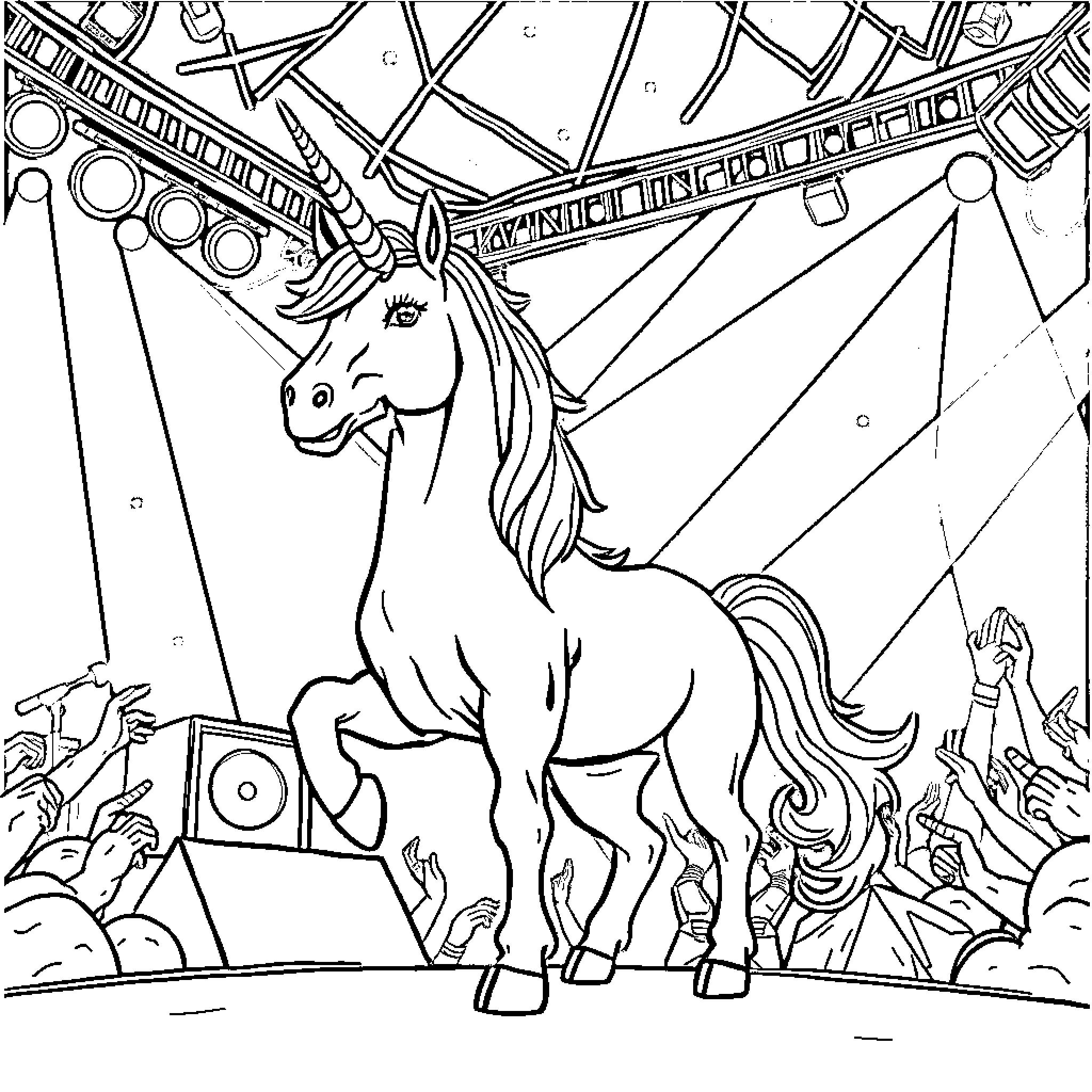 Unicorn performing on a stage with adoring fans Coloring Page (free black-and-white line drawing printable PDF for all, from beginners to advanced learners, including children, teens, adults, and seniors)