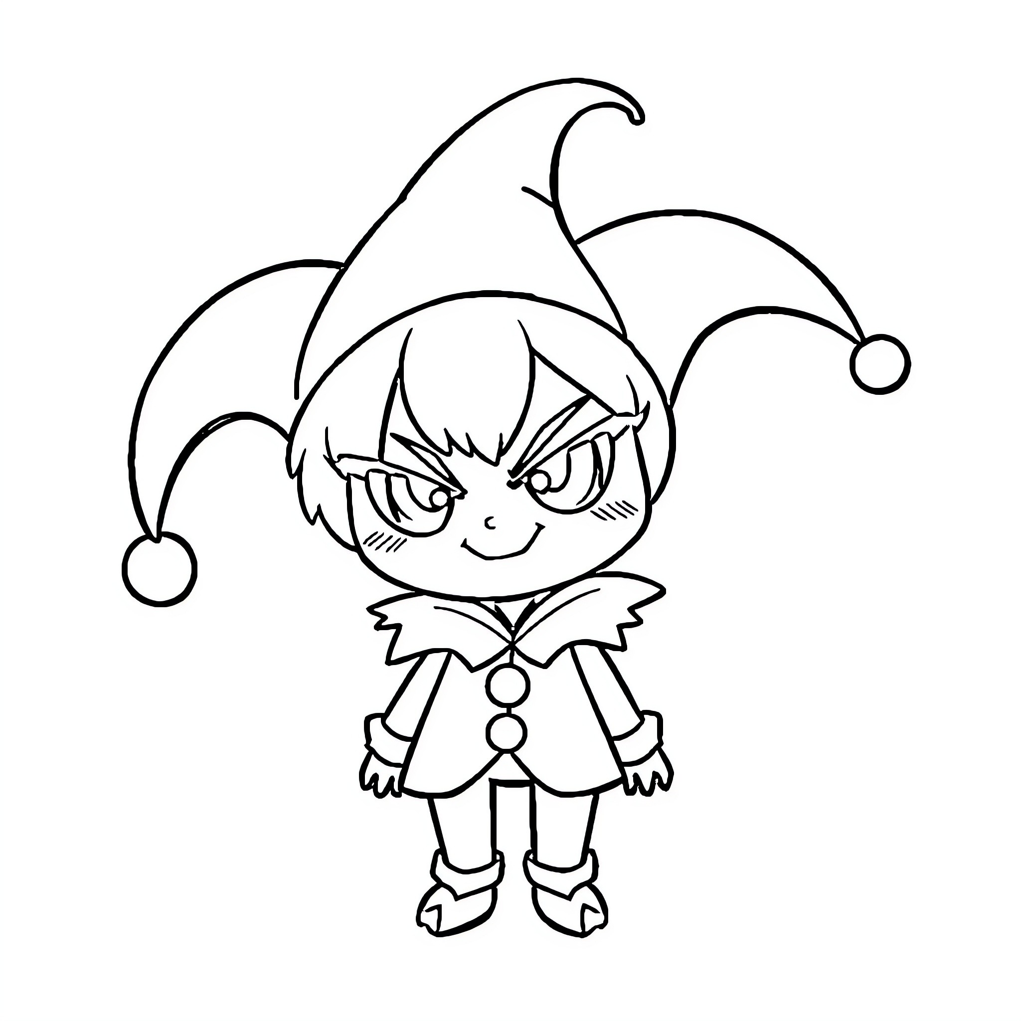 Kuromi in Mischievous Jester Outfit Coloring Page (free black-and-white line drawing printable PDF for all, from beginners to advanced learners, including children, teens, adults, and seniors)