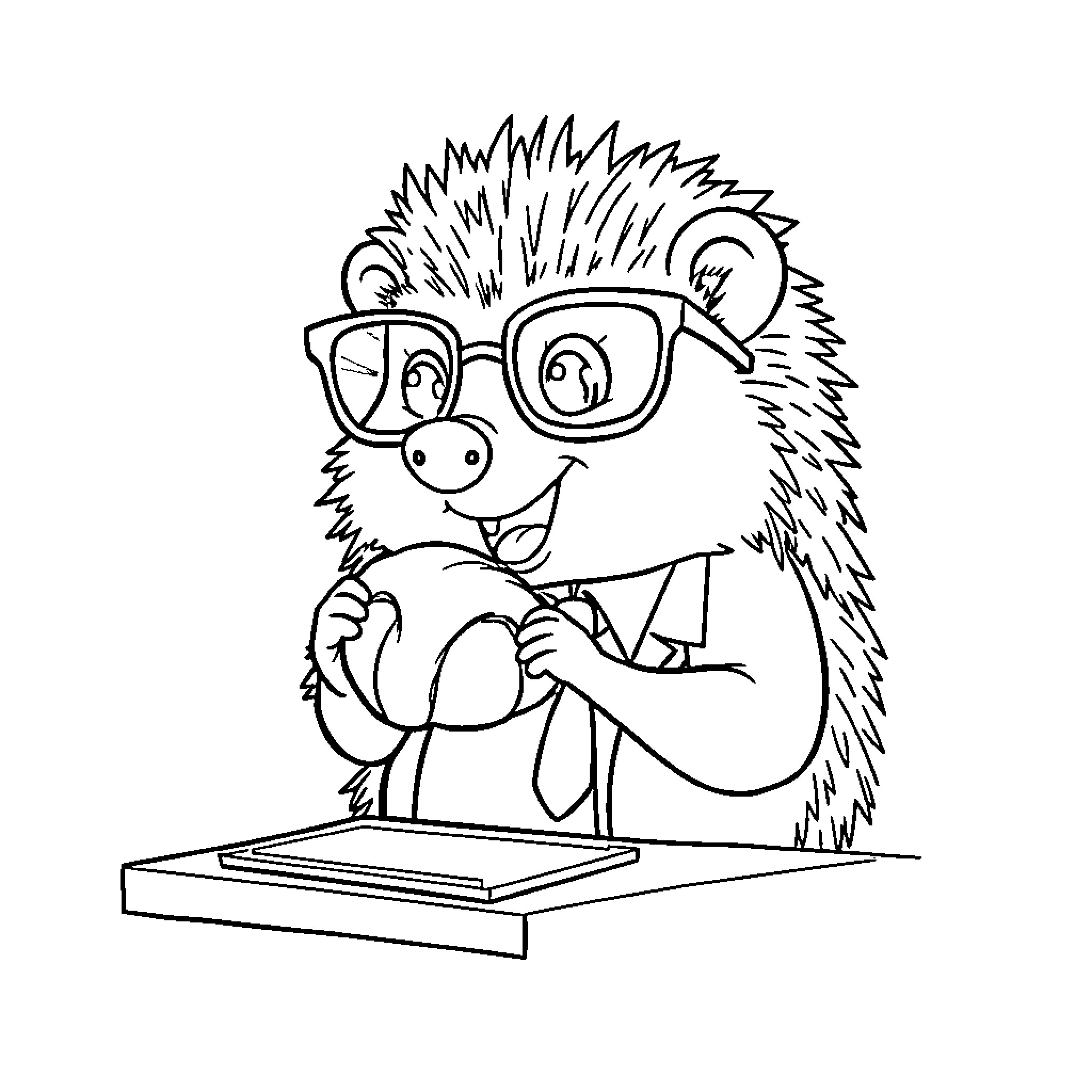 Hedgehog using a computer with glasses Coloring Page (free black-and-white line drawing printable PDF for all, from beginners to advanced learners, including children, teens, adults, and seniors)