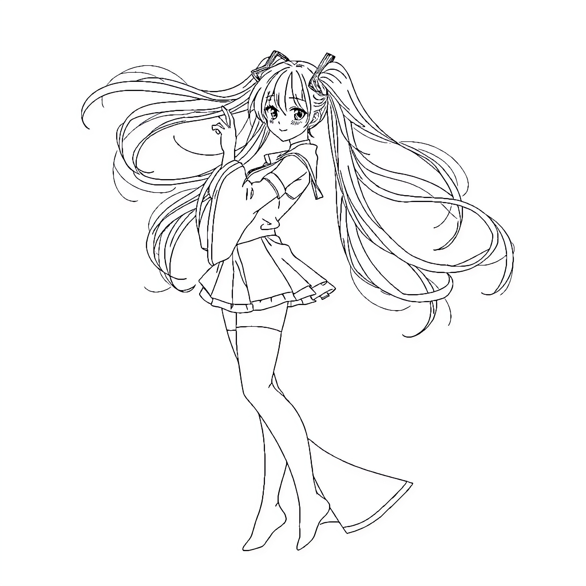 Miku in Whimsical Attire and Pose Coloring Page (free black-and-white line drawing printable PDF for all, from beginners to advanced learners, including children, teens, adults, and seniors)