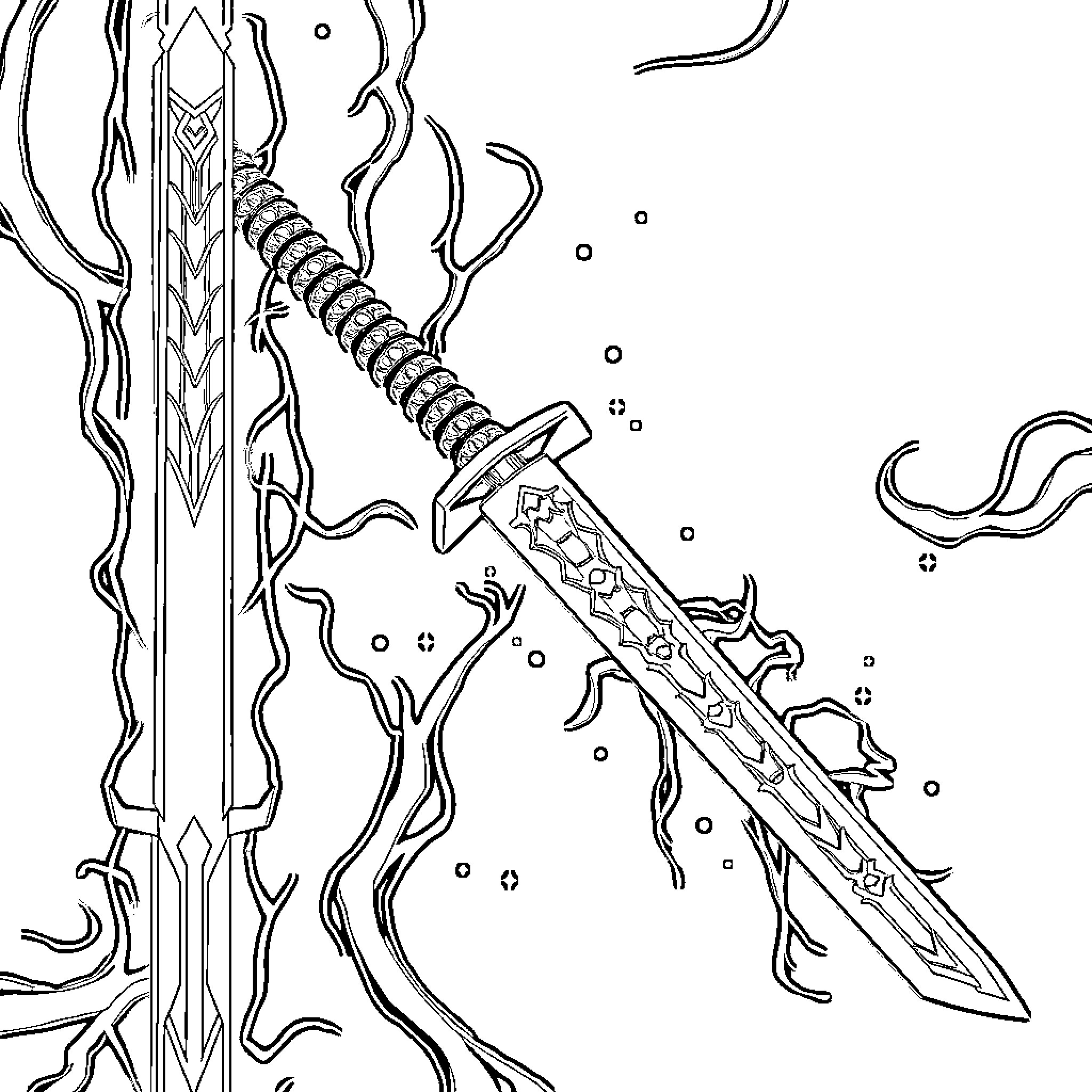 Katana warrior's mystical sword in the shadows Coloring Page (free black-and-white line drawing printable PDF for all, from beginners to advanced learners, including children, teens, adults, and seniors)