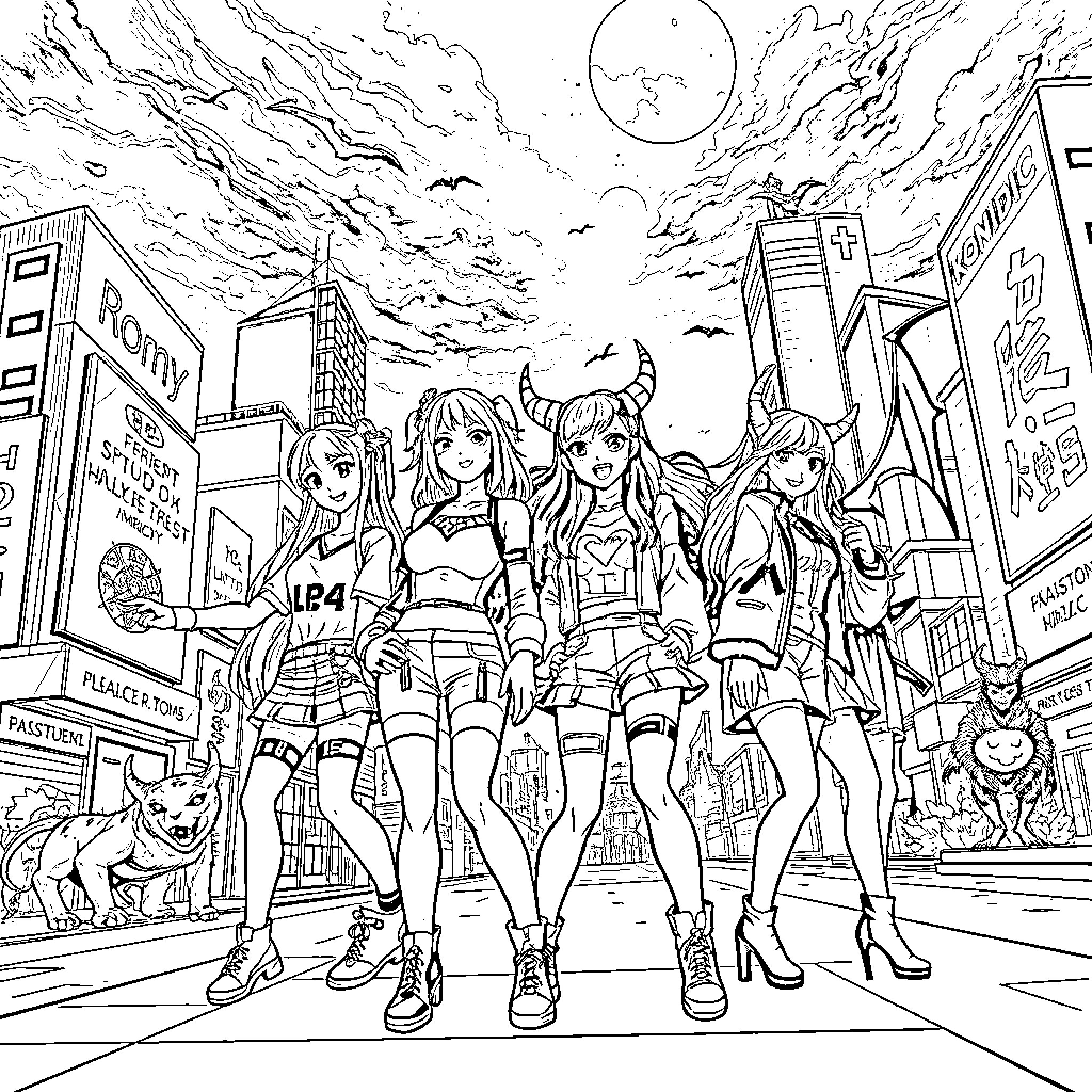Romy and her friends explore the city Coloring Page (free black-and-white line drawing printable PDF for all, from beginners to advanced learners, including children, teens, adults, and seniors)