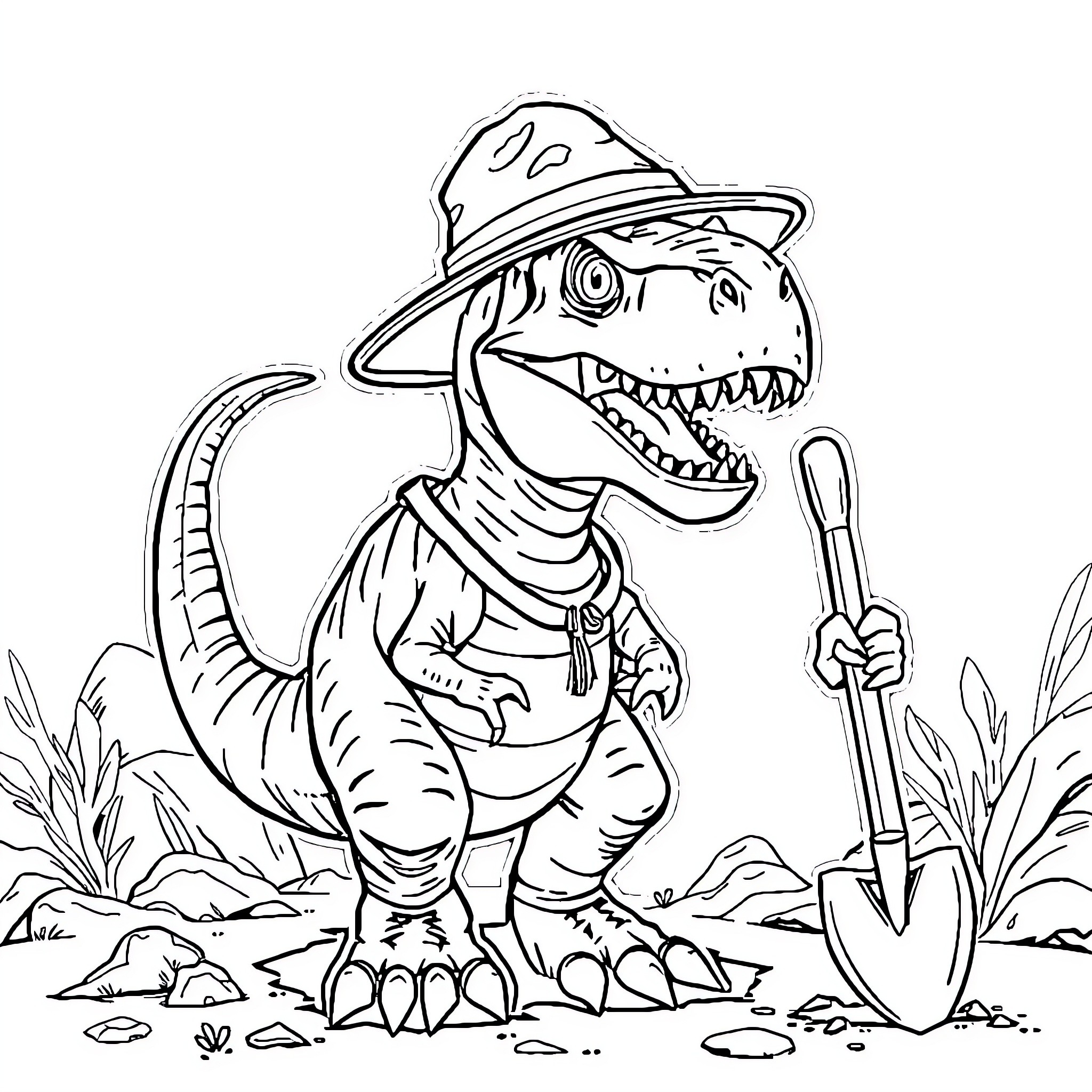 T-Rex Adventurer Exploring the Wilderness Coloring Page (free black-and-white line drawing printable PDF for all, from beginners to advanced learners, including children, teens, adults, and seniors)