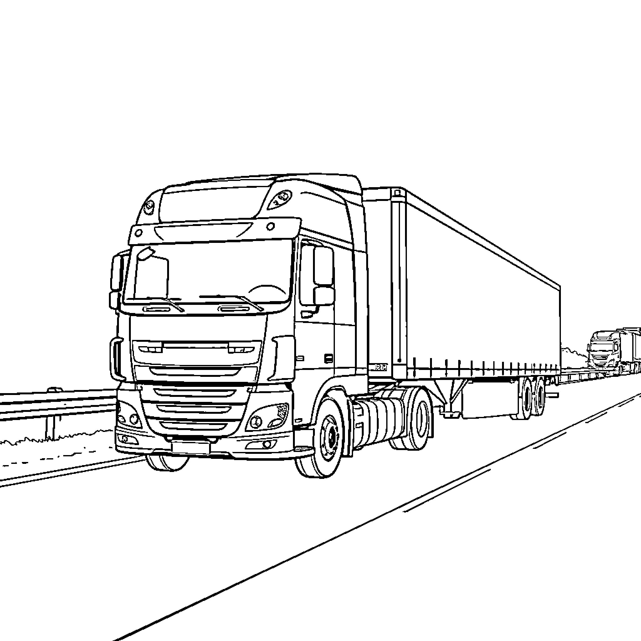 DAF Truck transporting goods on the highway Coloring Page (free black-and-white line drawing printable PDF for all, from beginners to advanced learners, including children, teens, adults, and seniors)