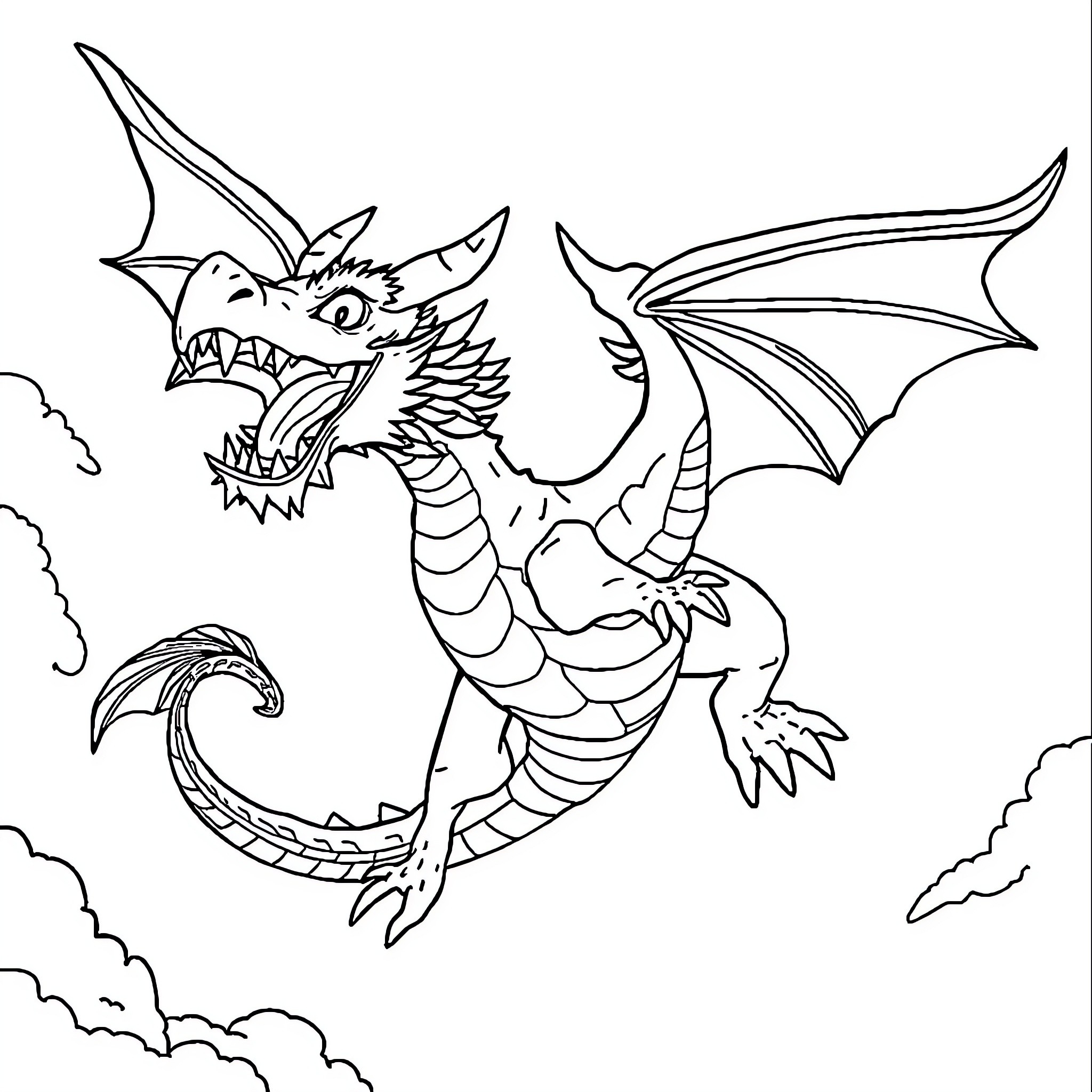 Dragon Soaring Fiercely in the Clouds Coloring Page (free black-and-white line drawing printable PDF for all, from beginners to advanced learners, including children, teens, adults, and seniors)