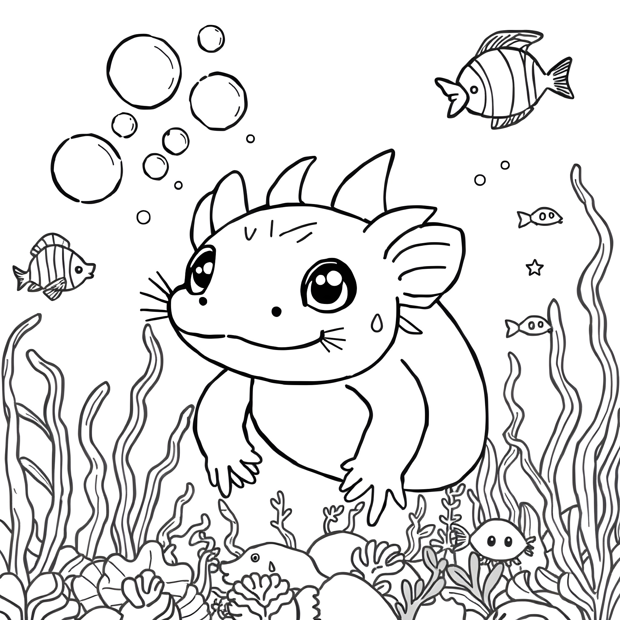 Axolotl in an underwater adventure Coloring Page (free black-and-white line drawing printable PDF for all, from beginners to advanced learners, including children, teens, adults, and seniors)