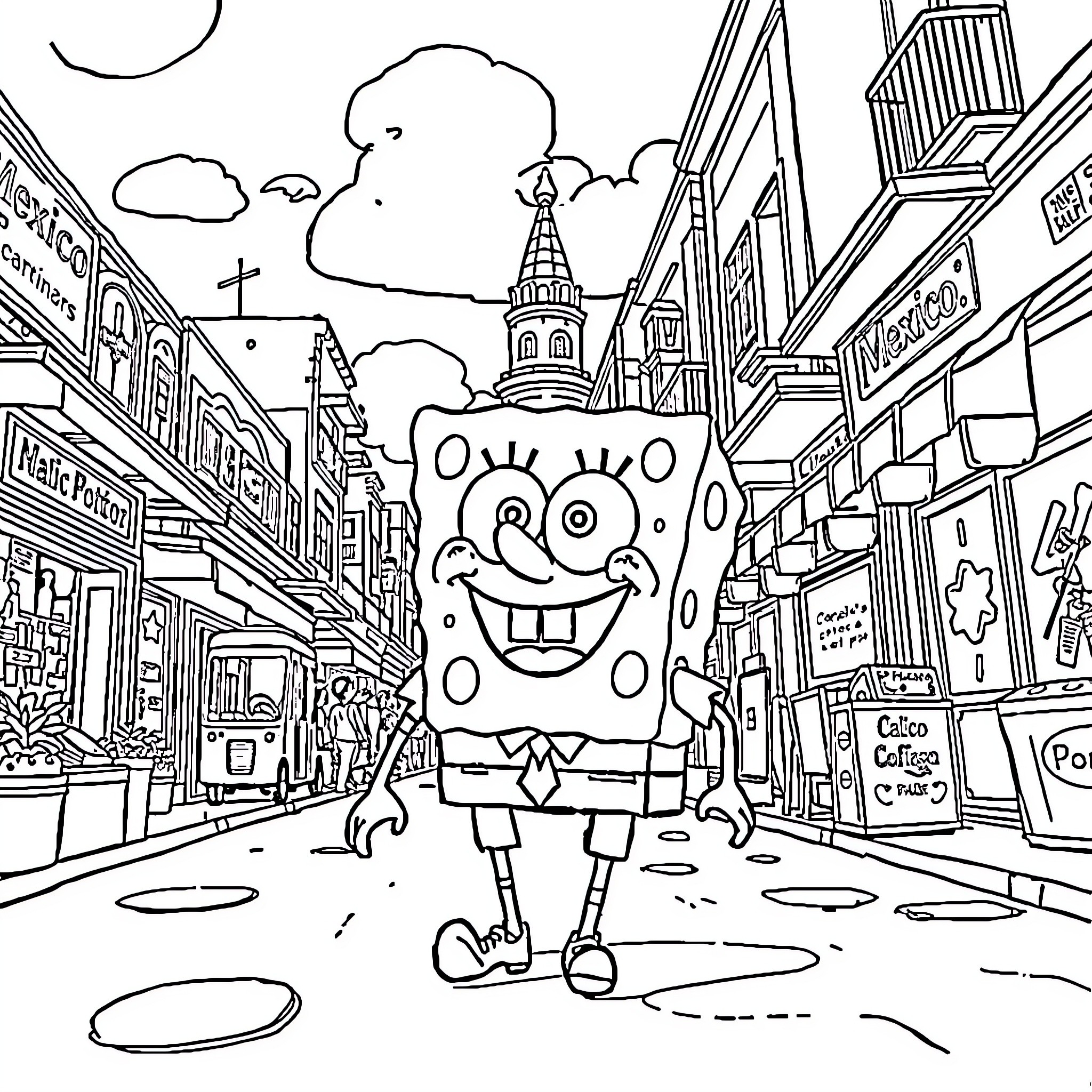 Spongebob exploring a vibrant city street Coloring Page (free black-and-white line drawing printable PDF for all, from beginners to advanced learners, including children, teens, adults, and seniors)