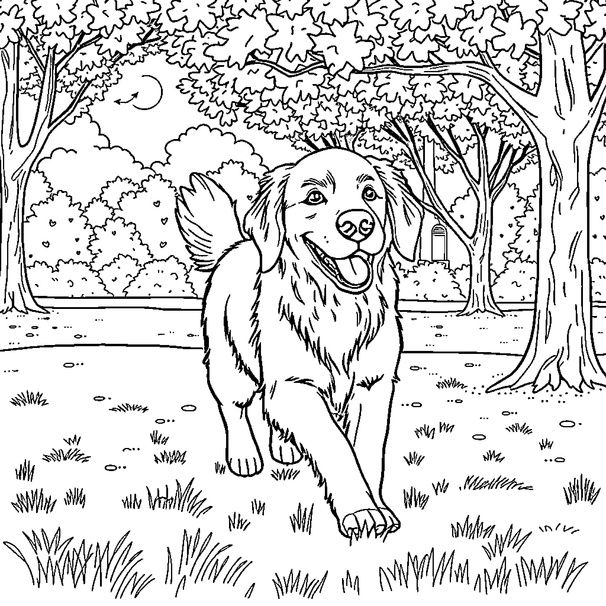 Golden Retriever playing joyfully in scenic park Coloring Page (free black-and-white line drawing printable PDF for all, from beginners to advanced learners, including children, teens, adults, and seniors)