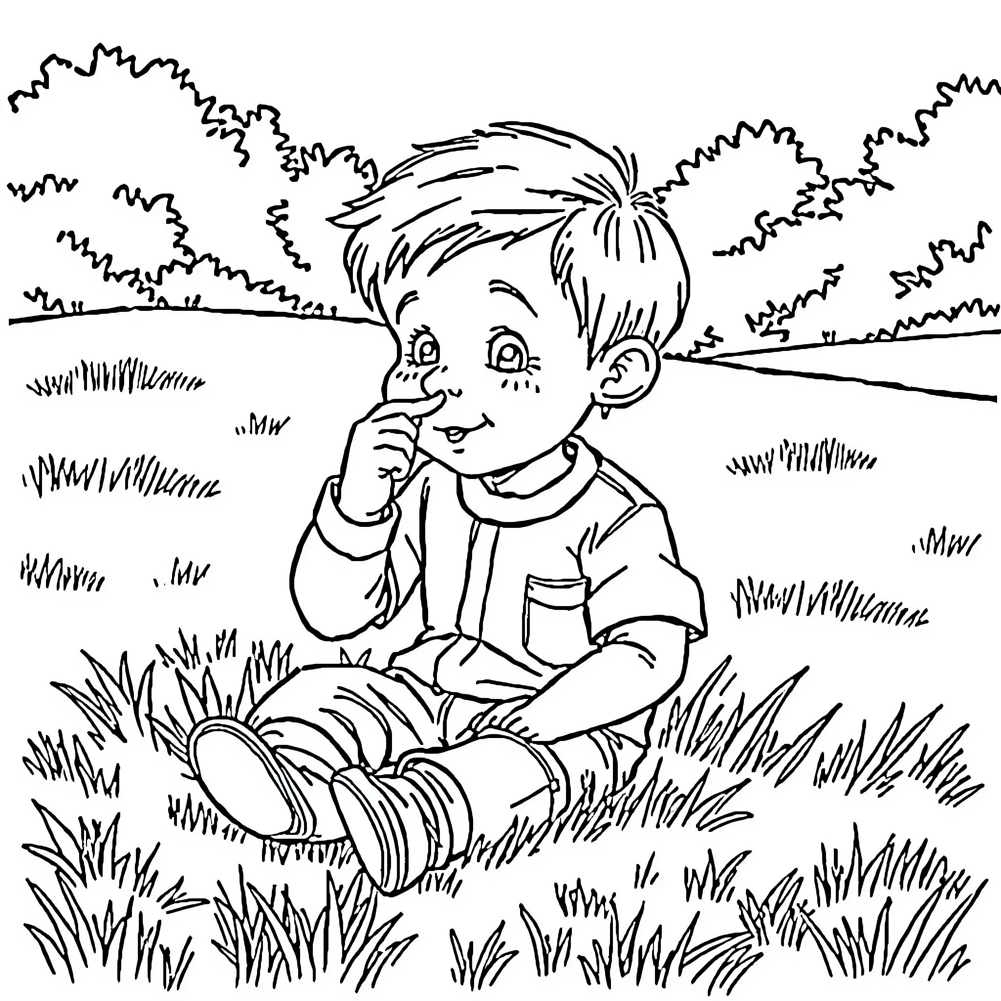 Boy enjoying nature in a thoughtful moment Coloring Page (free black-and-white line drawing printable PDF for all, from beginners to advanced learners, including children, teens, adults, and seniors)