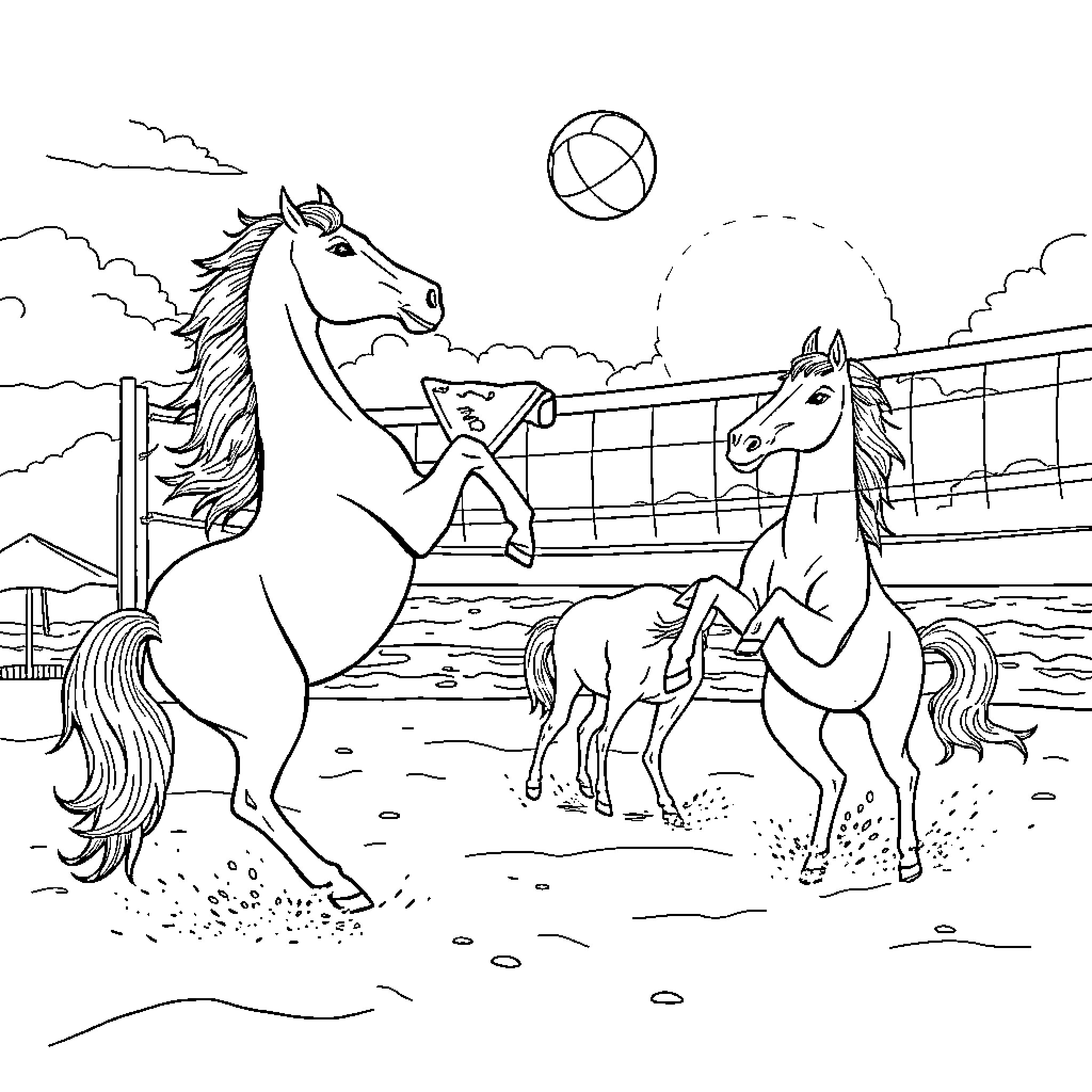 Horse family playing at sunset in their enclosure Coloring Page (free black-and-white line drawing printable PDF for all, from beginners to advanced learners, including children, teens, adults, and seniors)