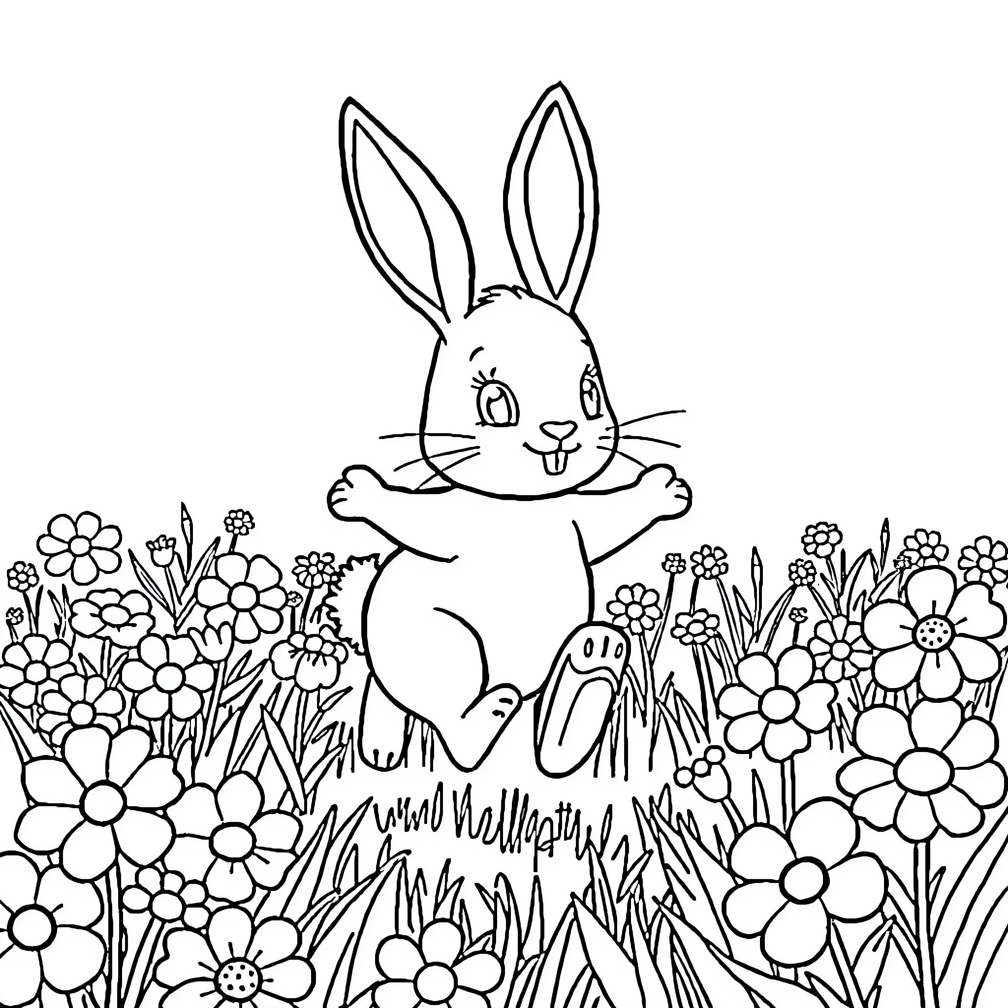 Bunny frolicking in a floral meadow Coloring Page (free black-and-white line drawing printable PDF for all, from beginners to advanced learners, including children, teens, adults, and seniors)