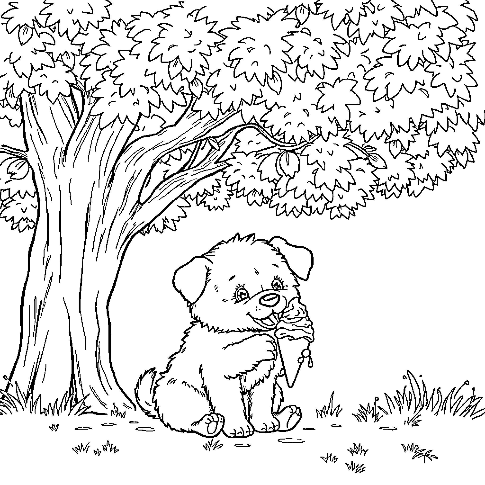 Puppy playing in the park under a tree Coloring Page (free black-and-white line drawing printable PDF for all, from beginners to advanced learners, including children, teens, adults, and seniors)
