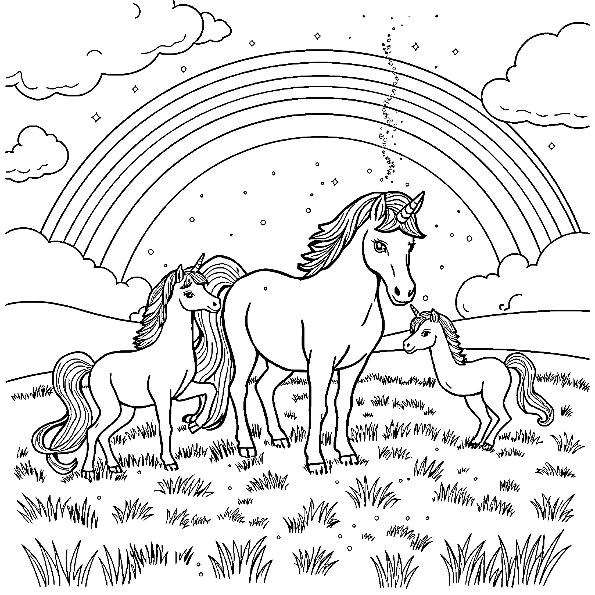 Unicorn Family Enjoying the Starry Sky Coloring Page (free black-and-white line drawing printable PDF for all, from beginners to advanced learners, including children, teens, adults, and seniors)