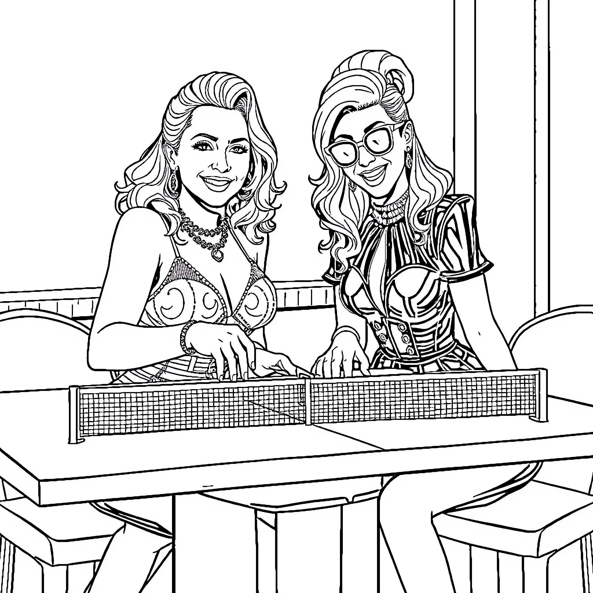 Madonna's Playful Encounter with a Fashionable Friend Coloring Page (free black-and-white line drawing printable PDF for all, from beginners to advanced learners, including children, teens, adults, and seniors)
