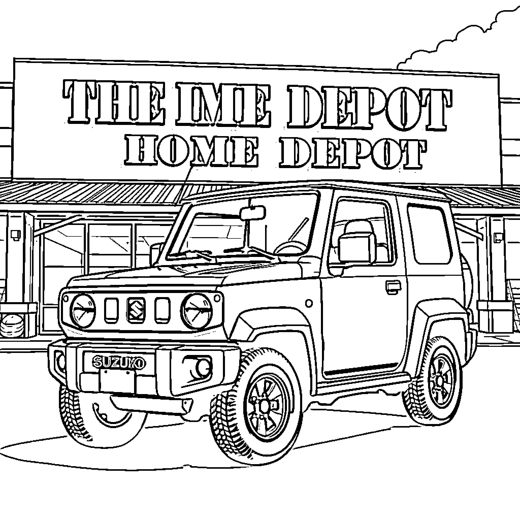 Suzuki Jimny in front of home depot store Coloring Page (free black-and-white line drawing printable PDF for all, from beginners to advanced learners, including children, teens, adults, and seniors)