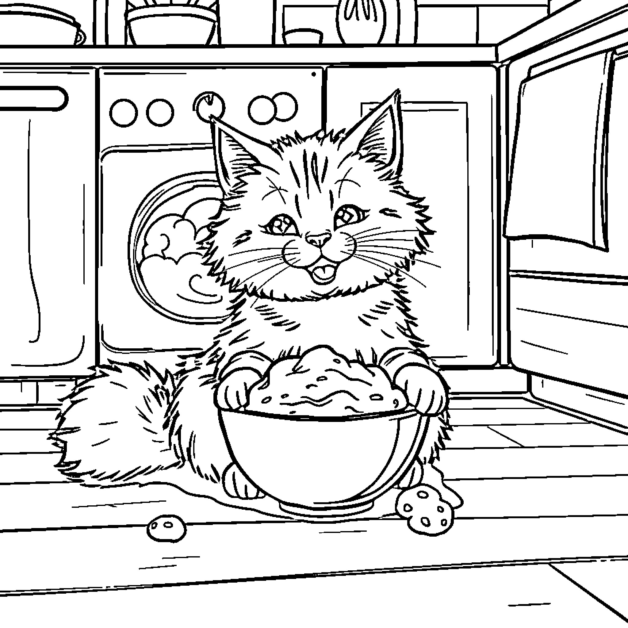Cat enjoying a tasty snack in the kitchen Coloring Page (free black-and-white line drawing printable PDF for all, from beginners to advanced learners, including children, teens, adults, and seniors)
