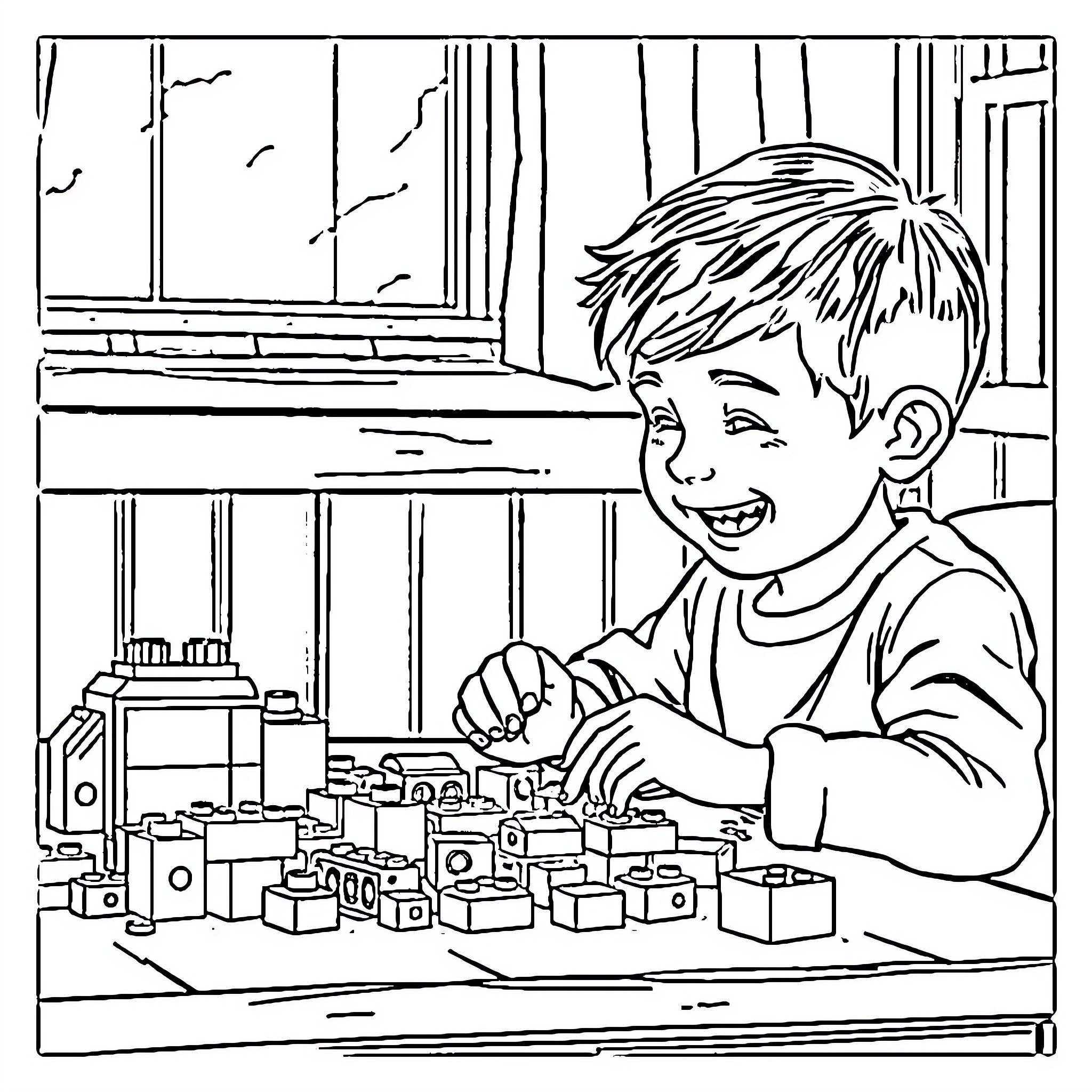 Boy happily playing with toys in room Coloring Page (free black-and-white line drawing printable PDF for all, from beginners to advanced learners, including children, teens, adults, and seniors)