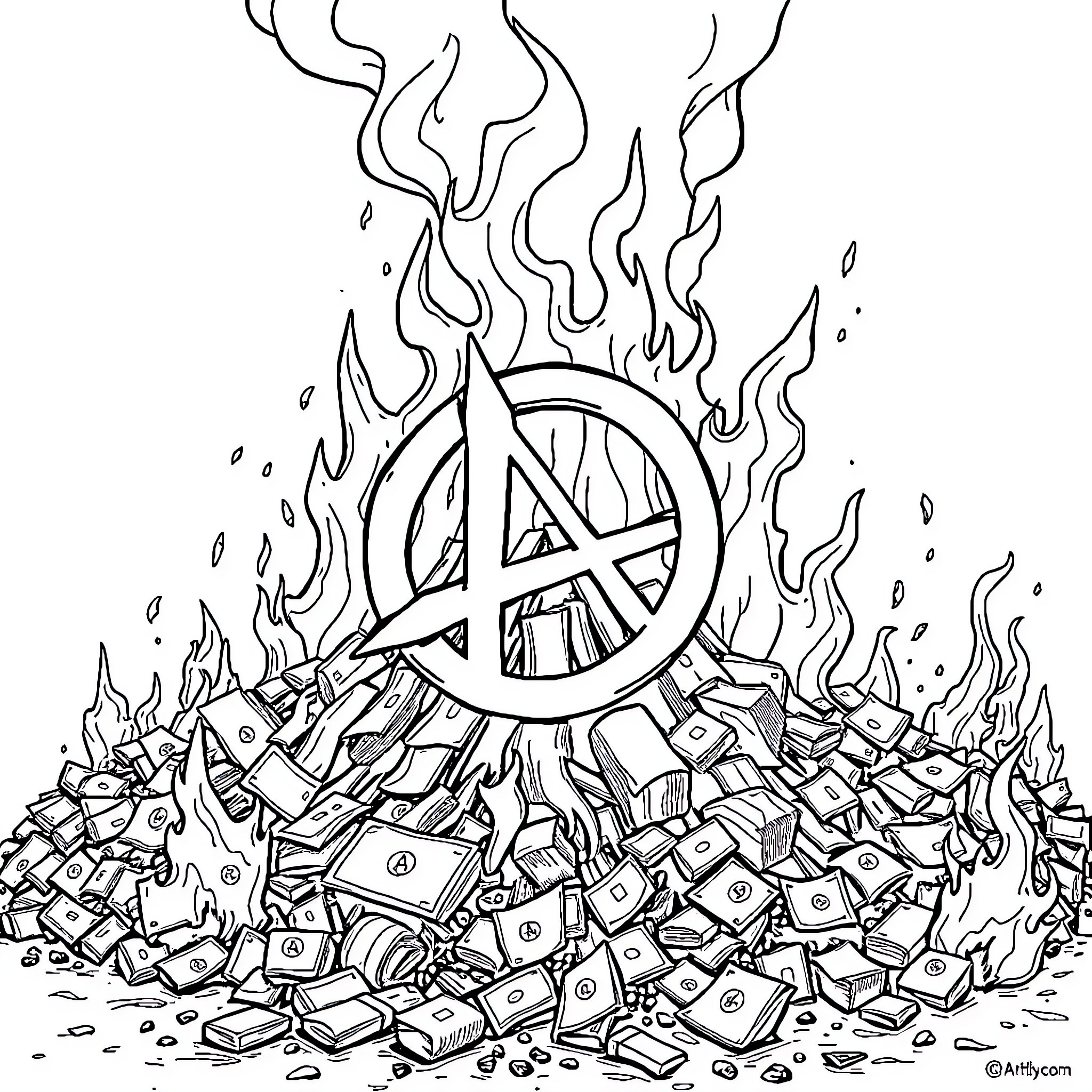 Anarchy amidst chaos and destruction Coloring Page (free black-and-white line drawing printable PDF for all, from beginners to advanced learners, including children, teens, adults, and seniors)