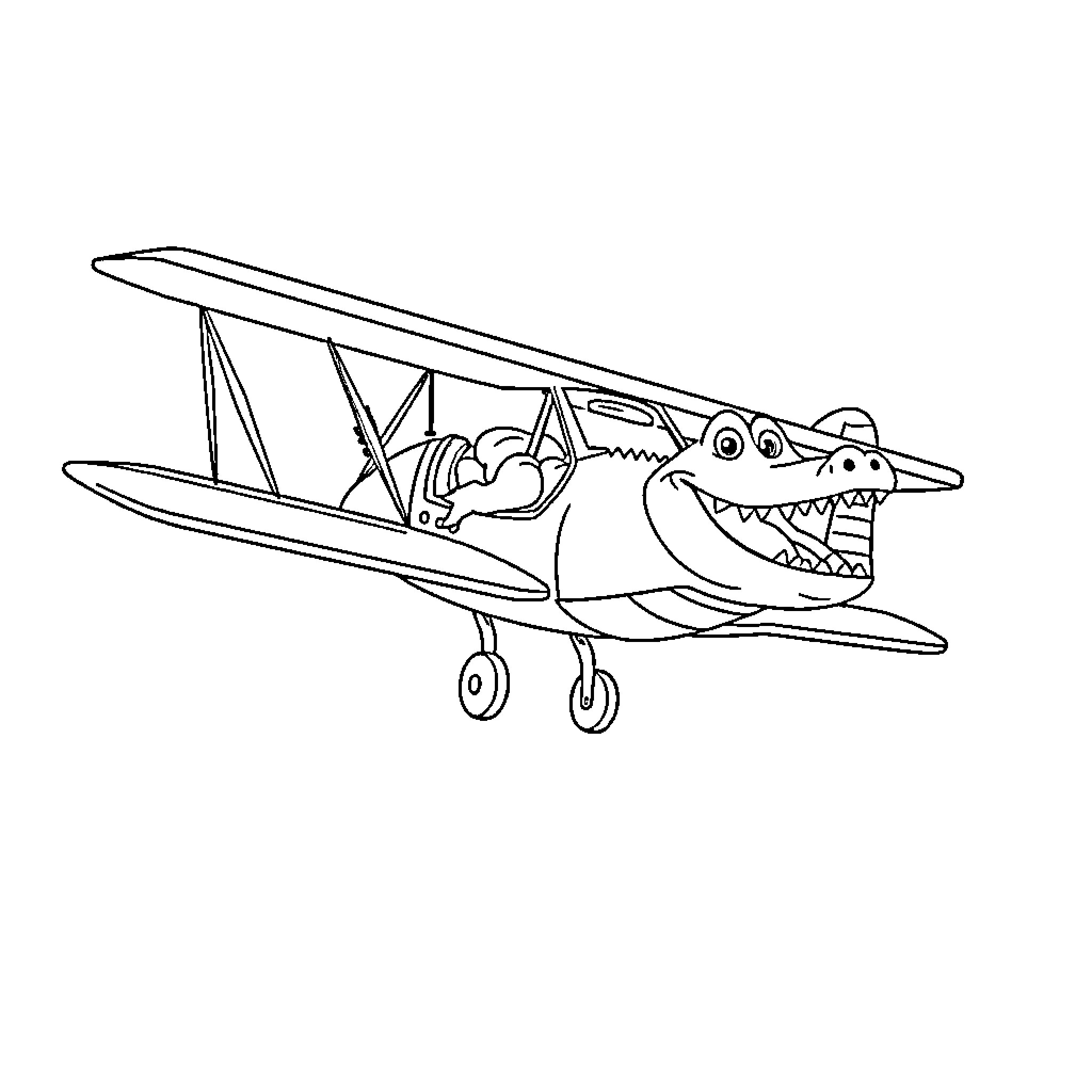 Alligator piloting a biplane with enthusiasm Coloring Page (free black-and-white line drawing printable PDF for all, from beginners to advanced learners, including children, teens, adults, and seniors)