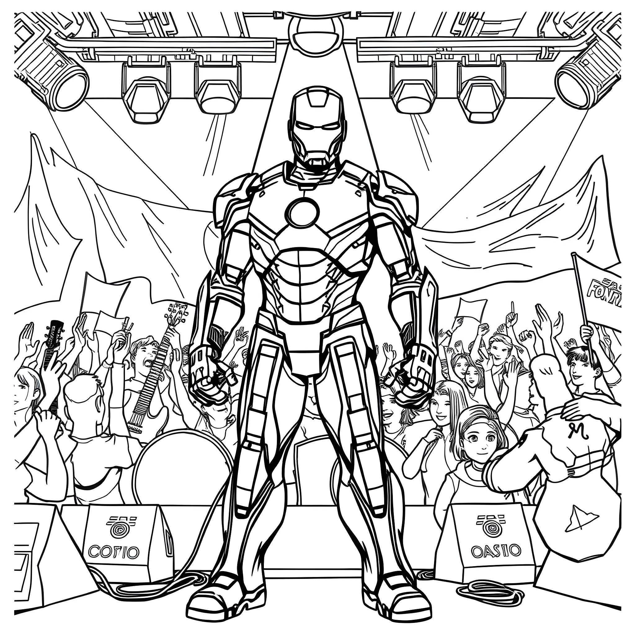 Iron Man in action-packed superhero scene Coloring Page (free black-and-white line drawing printable PDF for all, from beginners to advanced learners, including children, teens, adults, and seniors)