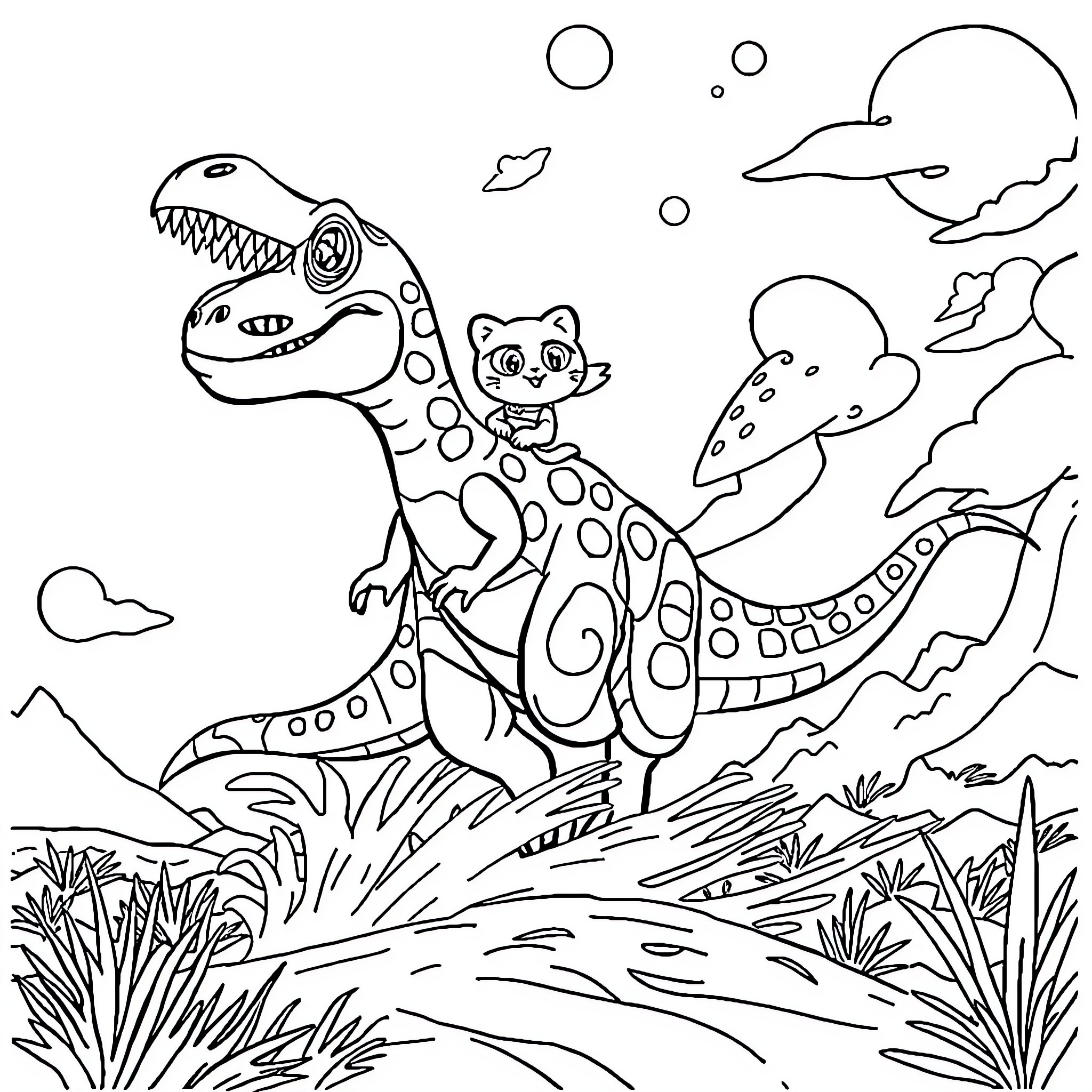 Chase through the prehistoric landscape Coloring Page (free black-and-white line drawing printable PDF for all, from beginners to advanced learners, including children, teens, adults, and seniors)