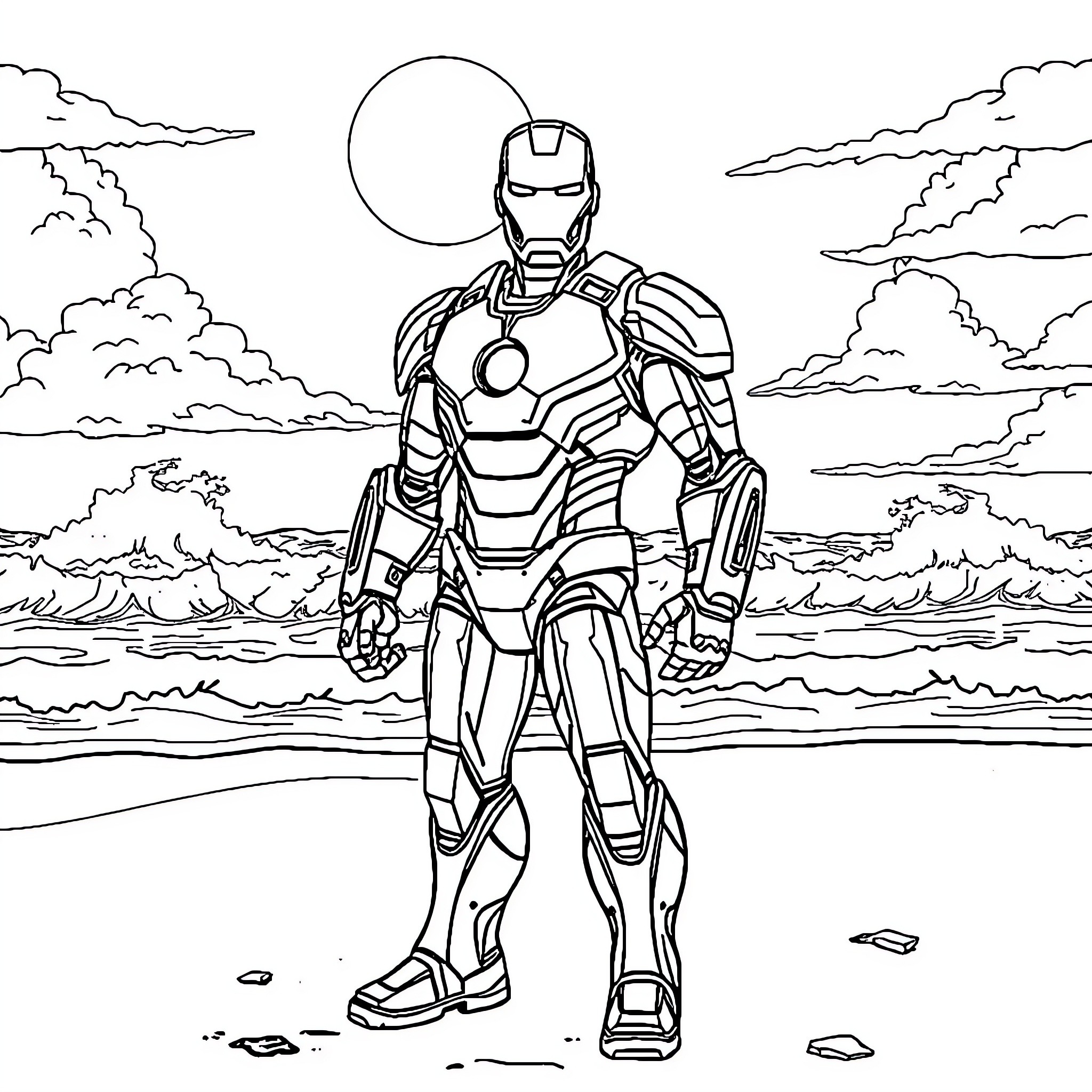 Iron Man Standing Heroically on Beachfront Coloring Page (free black-and-white line drawing printable PDF for all, from beginners to advanced learners, including children, teens, adults, and seniors)